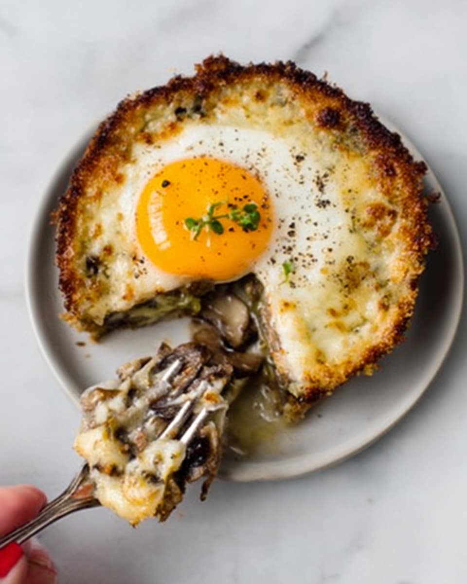 The image shows an individual ramekin-style baked egg with melted brie and sautéed mushrooms. A cooked sunny-side-up egg sits on top with a bright yellow yolk, sprinkled with black pepper and chopped parsley. A piece of toasted baguette rests nearby on a white marbled surface. Photo taken with an iPhone.