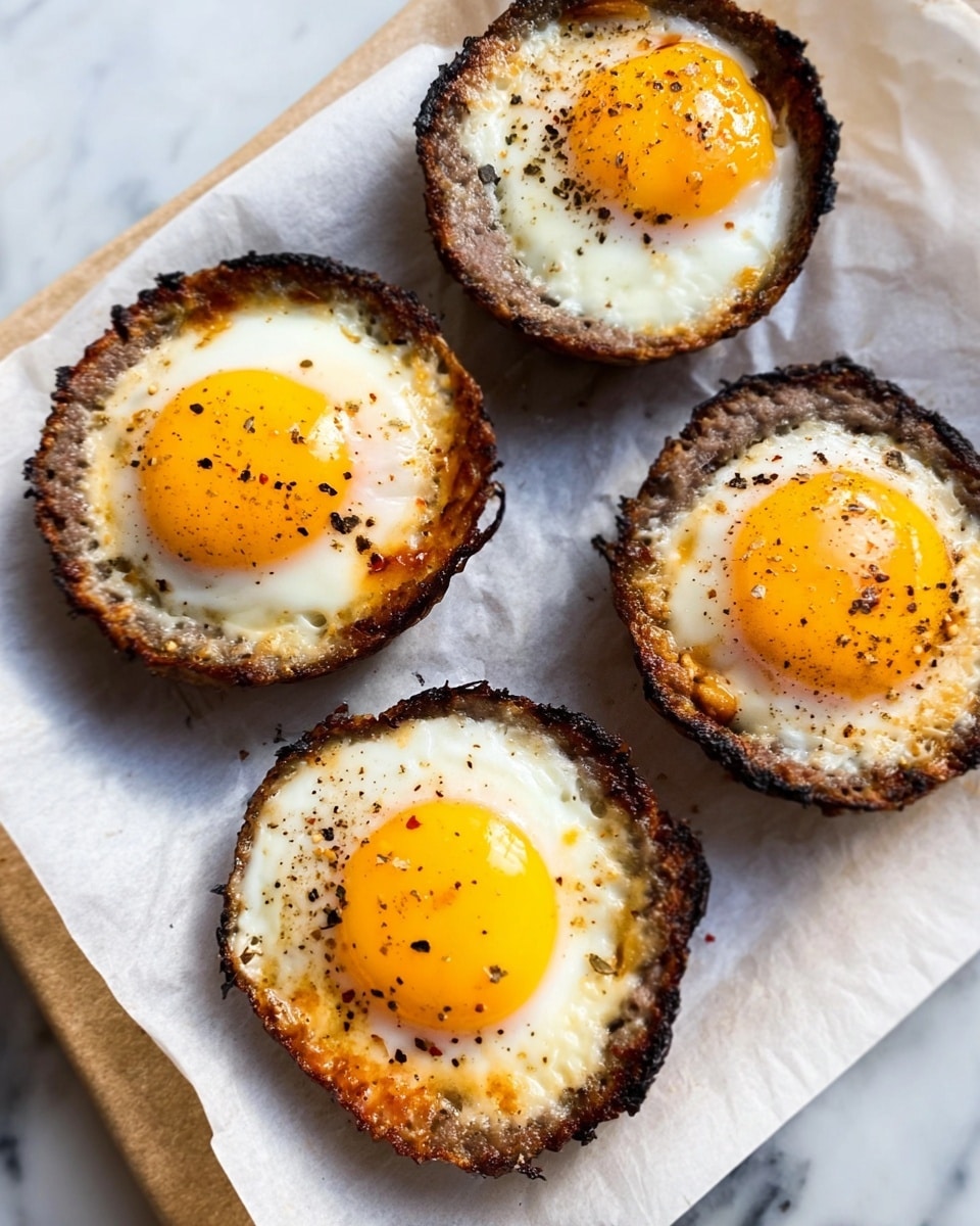 The image shows four individual ramekins of baked eggs placed on white baking paper over a white marbled surface. Each ramekin has a layer of sautéed mushrooms and melted brie surrounding a sunny-side-up egg with bright yellow yolks and lightly set whites, finished with a sprinkle of black pepper. Photo taken with an iPhone.