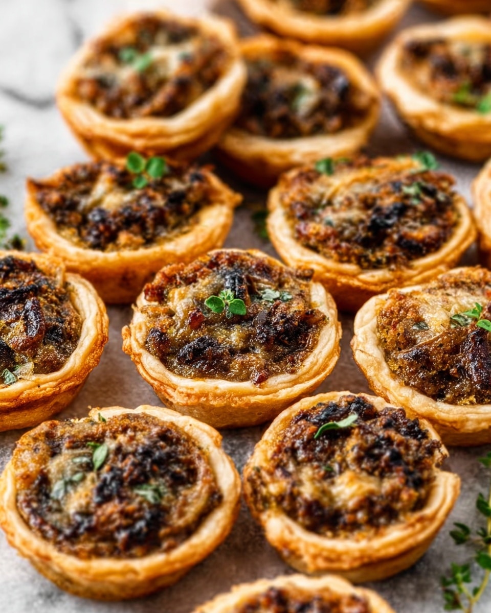 The image shows many small round tarts filled with a mixture of cooked mushrooms and herbs. Each tart has a golden brown crust that looks crispy and slightly flaky. Inside, the filling is dark brown with bits of green herbs sprinkled on top. The tarts are placed closely together on a white marbled surface, creating a warm and inviting look. A few small green herbs are used as decoration around the tarts. photo taken with an iphone --ar 4:5 --v 7