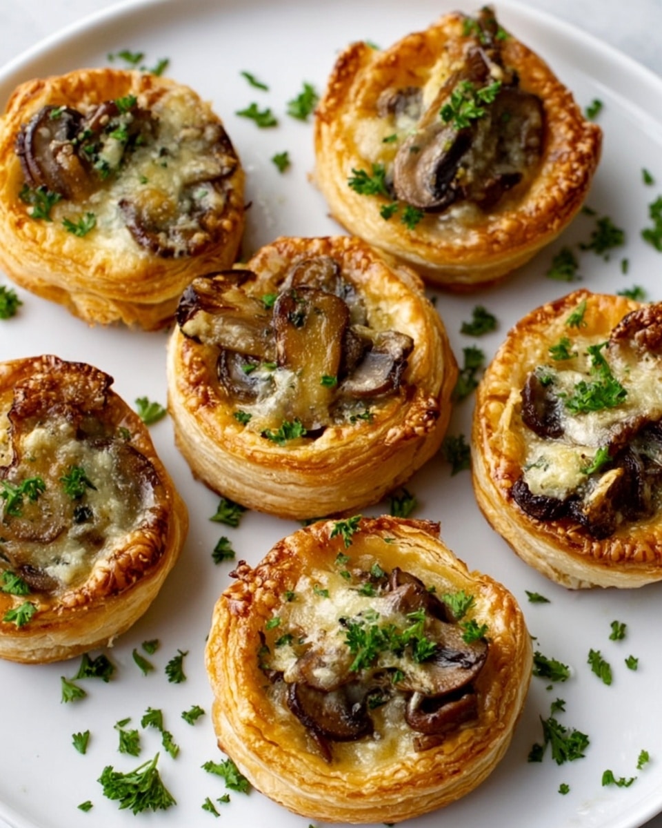 A white plate holds several small round phyllo tarts. Each tart has two main layers: the bottom is a golden brown, flaky pastry base, and the top layer shows melted cheese with pieces of browned mushrooms and sprinkled fresh green herbs. The tarts are evenly spaced on a white marbled surface, some garnished with chopped parsley. The overall look is warm and inviting, with the colors of the golden pastry, creamy cheese, earthy mushrooms, and bright green herbs creating a nice contrast. photo taken with an iphone --ar 4:5 --v 7