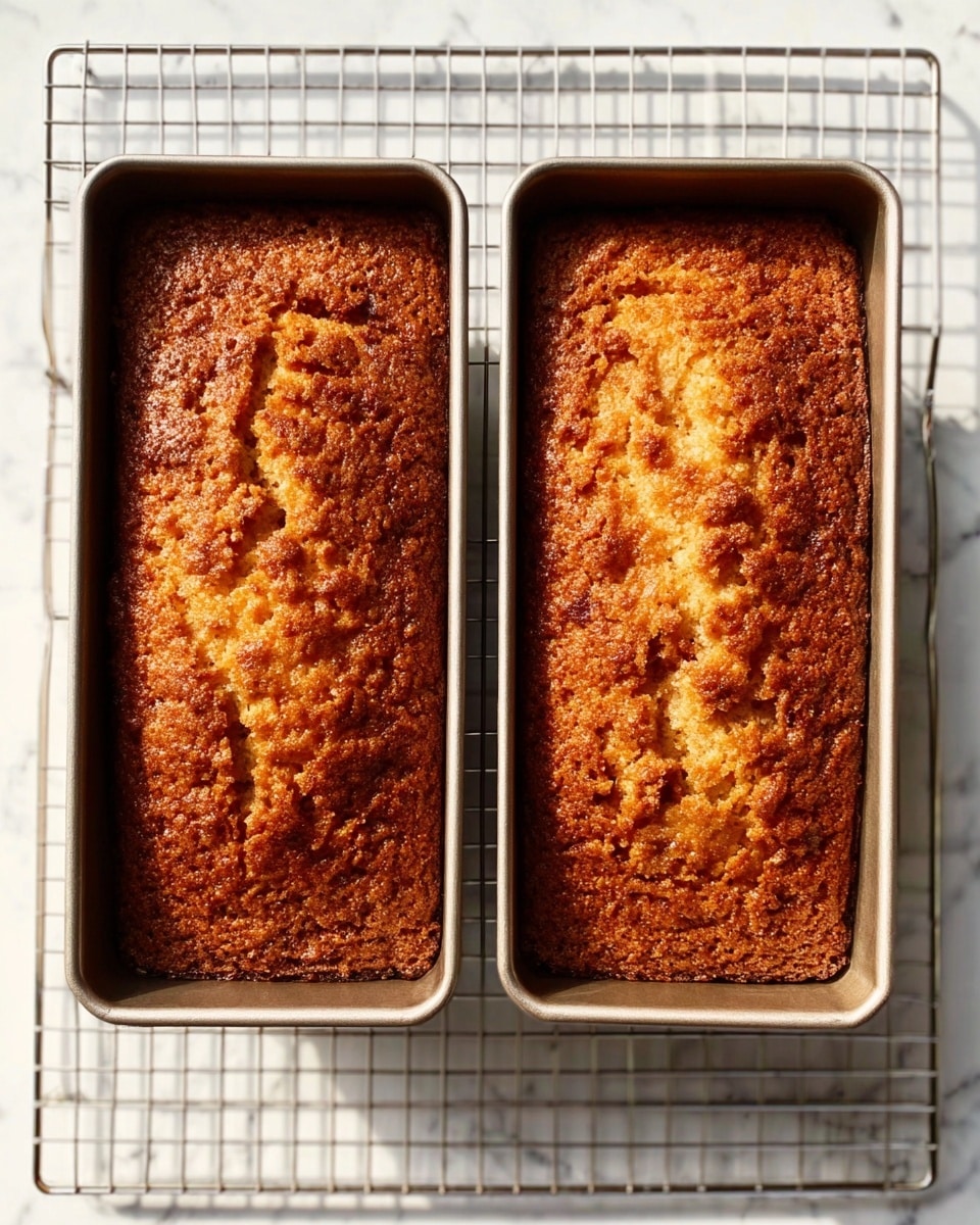 The image shows two golden brown cakes in rectangular metal pans placed side by side on a metal cooling rack. The cakes have a rough, crumbly top layer with darker brown spots and a slightly cracked texture. The pans are on a white marbled surface, and the lighting highlights the warm, baked texture of the cakes. Photo taken with an iphone --ar 4:5 --v 7