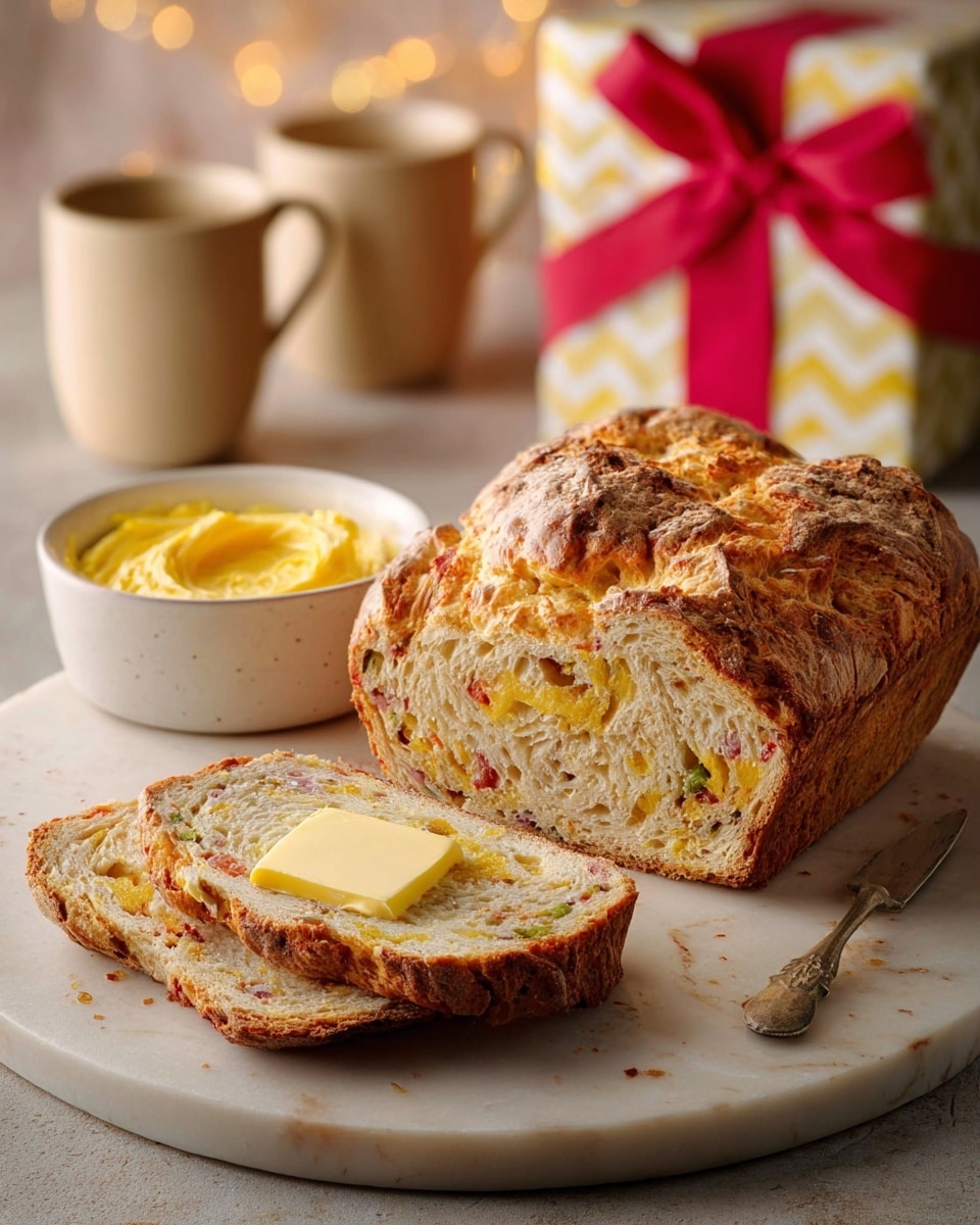 A loaf of bread with a golden-brown crust sits on a white marbled round board. Two slices are cut and placed in front, one topped with a square of butter that is slightly melting. The bread’s inside is light with visible bits of yellow and red, showing some fruits or vegetables mixed in. Next to the bread, there is a small white bowl filled with smooth yellow butter or spread. In the background, there are two beige ceramic mugs and a gift box wrapped with white and yellow paper, tied with a bright red ribbon. The setting is warm and cozy, with soft light highlighting the textures of the bread and spread. Photo taken with an iphone --ar 4:5 --v 7