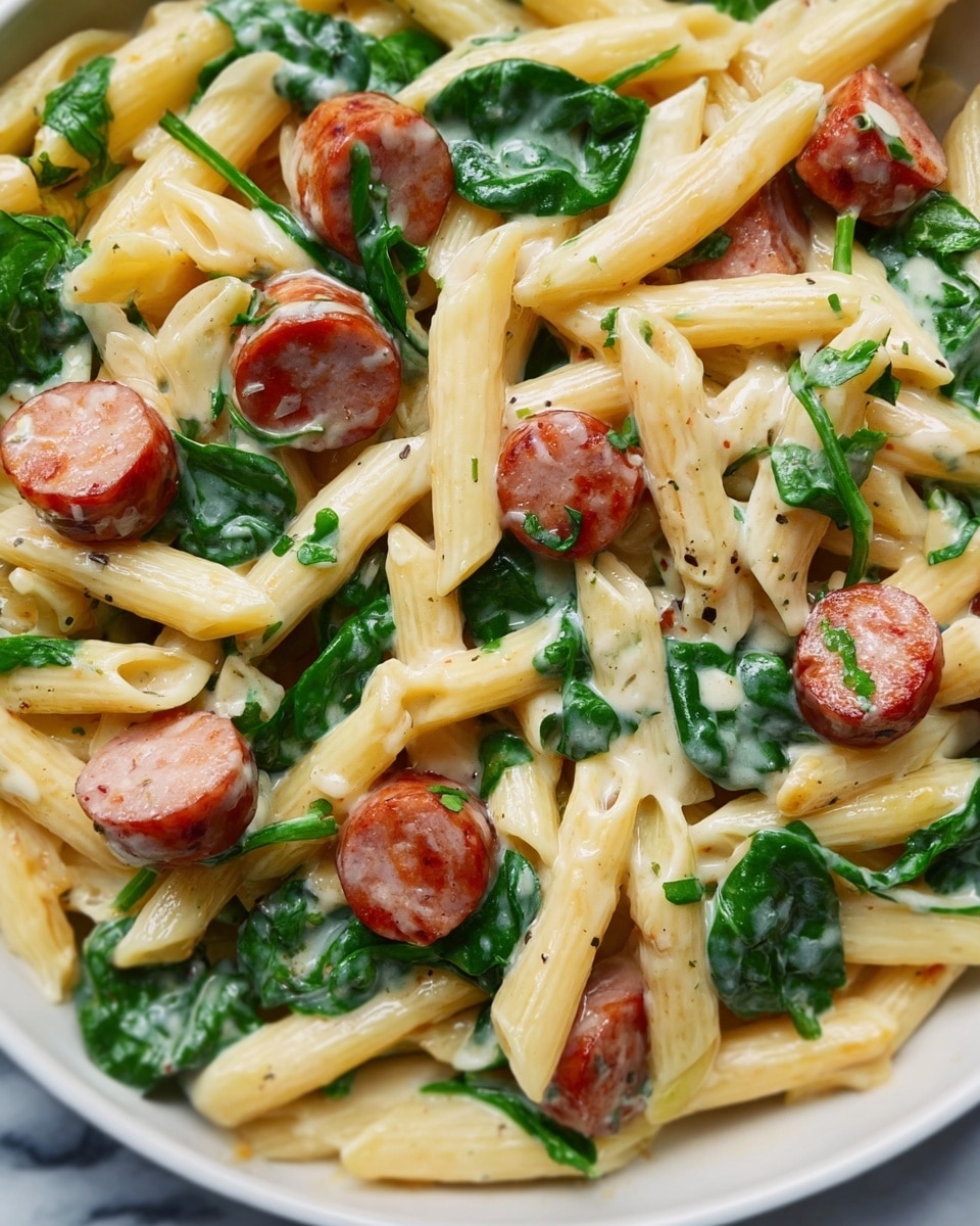 The dish shows a close-up of penne pasta mixed with small, round slices of sausage that are reddish-brown. Bright green spinach leaves are scattered throughout the pasta, adding fresh color. A creamy white sauce lightly coats the sausage and pasta, with parsley bits mixed into the sauce. The textures show smooth pasta tubes, slightly shiny spinach leaves, and juicy sausage pieces all combined together. The dish is presented on a white plate on a white marbled surface photo taken with an iphone --ar 4:5 --v 7