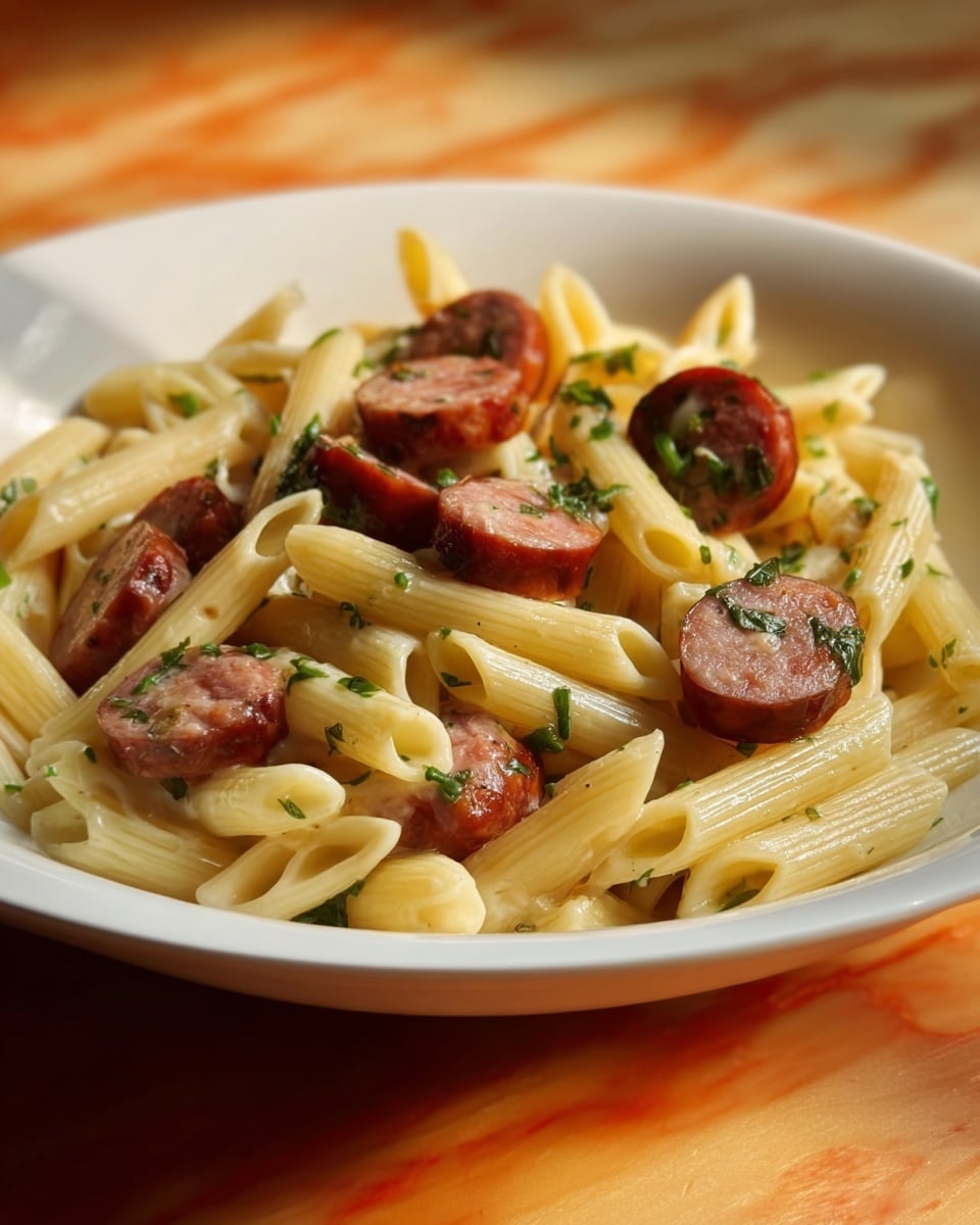 A white plate holds a dish of short, pale yellow penne pasta scattered evenly across the surface, each piece smooth and slightly shiny. On top, thick slices of browned sausage with a reddish-brown skin and a tender inside are spread throughout, some pieces showing green herbs mixed in. Small green herb bits are sprinkled here and there over the pasta and sausage, adding a touch of color. The plate rests on a white marbled surface with warm, soft lighting highlighting the textures of the pasta and sausage. photo taken with an iphone --ar 4:5 --v 7