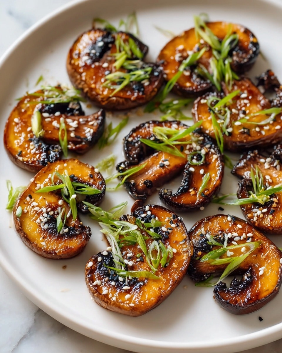 The image shows a white plate with eight grilled mushroom slices arranged loosely in a circle. Each mushroom slice has a dark golden brown surface with darker grilled edges, giving a shiny, slightly caramelized look. On top, there are small white and black sesame seeds scattered and thinly sliced green onions adding a fresh touch. The white plate sits on a white marbled surface. The photo taken with an iphone --ar 4:5 --v 7