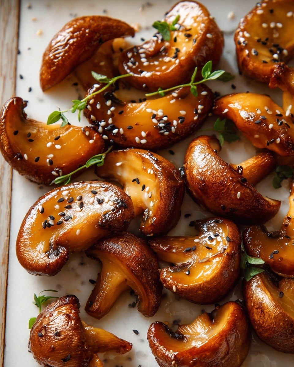 A close-up view of several golden brown sautéed mushrooms with a shiny, glazed texture arranged on a white marbled surface. The mushrooms show a mix of whole and halved pieces, each with visible gill patterns under the caps. They are sprinkled with black and white sesame seeds and small green herb leaves scattered around for garnish. The lighting creates soft shadows and highlights the mushrooms’ glossy finish and rich color photo taken with an iphone --ar 4:5 --v 7
