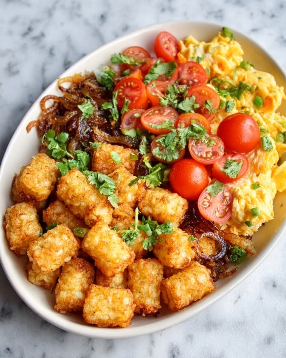 The dish is served in a white oval bowl placed on a white marbled surface. Inside the bowl, there are three main layers: on the left, a pile of golden brown, crispy tater tots with a rough, crunchy texture; in the middle, a layer of sautéed caramelized onions that are dark brown and slightly shiny; on the right, soft, scrambled eggs with a light yellow color and a smooth, fluffy texture. Cherry tomato halves with a bright red, juicy appearance are arranged on top of the onions and eggs, along with fresh green cilantro leaves scattered over the top. Photo taken with an iphone --ar 4:5 --v 7