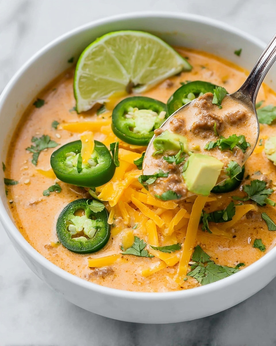Three white bowls filled with creamy orange soup are placed on a white marbled surface. Each bowl has three lime slices laid on one side on top of the soup. There are small green avocado cubes scattered near the lime slices and thin, bright yellow shredded cheese sprinkled over the soup. Two dark green jalapeño slices sit side by side near the avocado and cheese. Small green cilantro leaves are scattered over the toppings and around the bowls. A wooden cutting board with lime wedges and some loose cilantro leaves are placed near the top right. A gray cloth napkin is partially visible under the bottom left bowl. The photo taken with an iphone --ar 4:5 --v 7