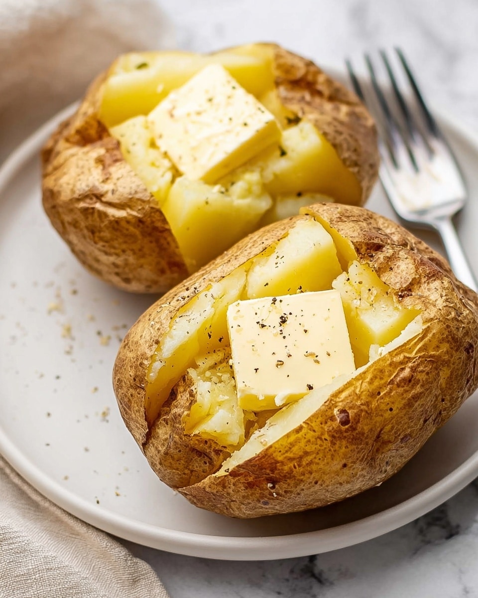 Two baked potatoes are shown on a white plate resting on a white marbled surface. Each potato has a rough, brown skin and is opened at the top to reveal soft, yellowish inside layers. A thick square of pale yellow butter sits in the center of each potato, melting slightly into the soft potato. The butter is sprinkled with small black pepper pieces. A fork is visible in the background on the right side. Photo taken with an iphone --ar 4:5 --v 7
