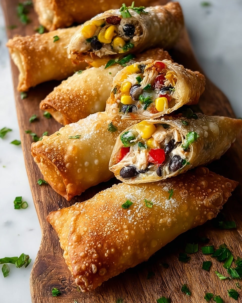 The image shows four crispy golden brown egg rolls arranged on a wooden board over a white marbled surface. Two of the egg rolls are whole, showing their bumpy and fried outer layer, while two are cut open to display the colorful filling inside. The filling has three layers: the bottom layer is white shredded chicken meat, the middle layer contains bright yellow corn kernels and black beans, and the top layer has chopped green spinach and small pieces of red bell pepper. The egg rolls are sprinkled with small bits of chopped green herbs and a light dusting of white powder, likely cheese or seasoning. photo taken with an iphone --ar 4:5 --v 7