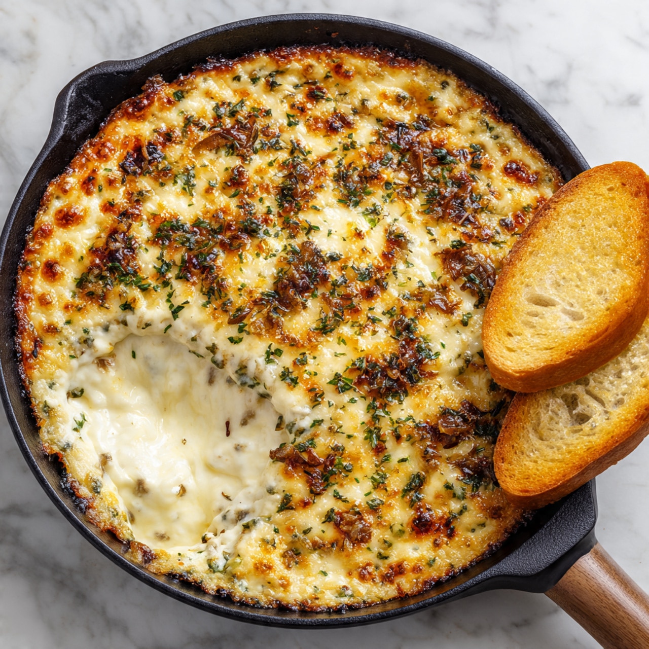 The image shows a black skillet filled with creamy, melted cheese that has a golden brown, slightly crispy top layer mixed with herbs and small bits of browned onions. The cheese layer is thick and bubbling, with a section scooped out to reveal the soft, smooth, white melted cheese inside. On the right edge of the skillet, two slices of toasted bread with a light golden crust rest against the cheese. The skillet sits on a white marbled surface. photo taken with an iphone --ar 4:5 --v 7