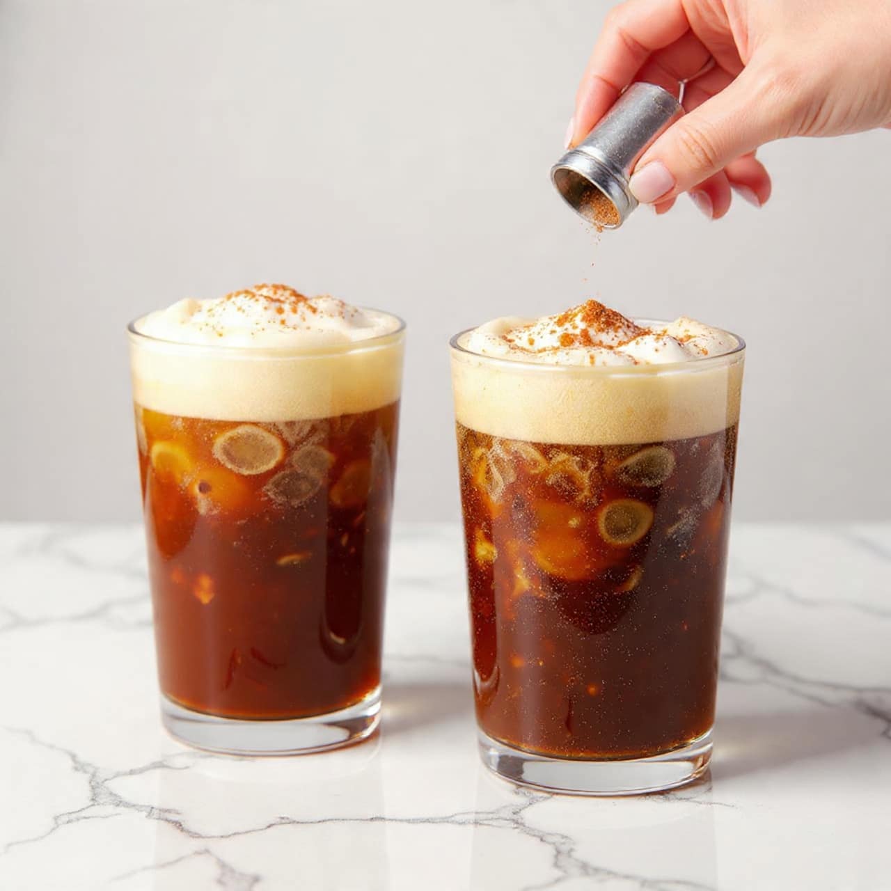 Two tall clear glasses filled with dark brown cold coffee, each topped with a thick, light beige foam layer that has a slightly uneven texture and specks of brown sprinkled on top. A woman's hand holds a small spice shaker above the glass on the right, adding more brown powder to the foam. The glasses sit on a white marbled surface with a soft, natural light brightening the scene from behind, creating a fresh and inviting look. photo taken with an iphone --ar 4:5 --v 7