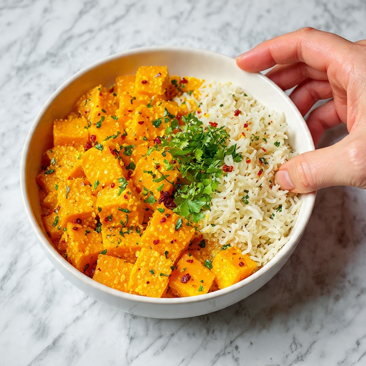 A white bowl filled with small, orange, cubed pieces of cooked pumpkin or squash, mixed with herbs and small green leaves sprinkled on top. The food looks soft and lightly seasoned with visible specks of spices. The bowl sits on a white marbled surface, and a woman's hand is gently touching the edge of the bowl. photo taken with an iphone --ar 4:5 --v 7