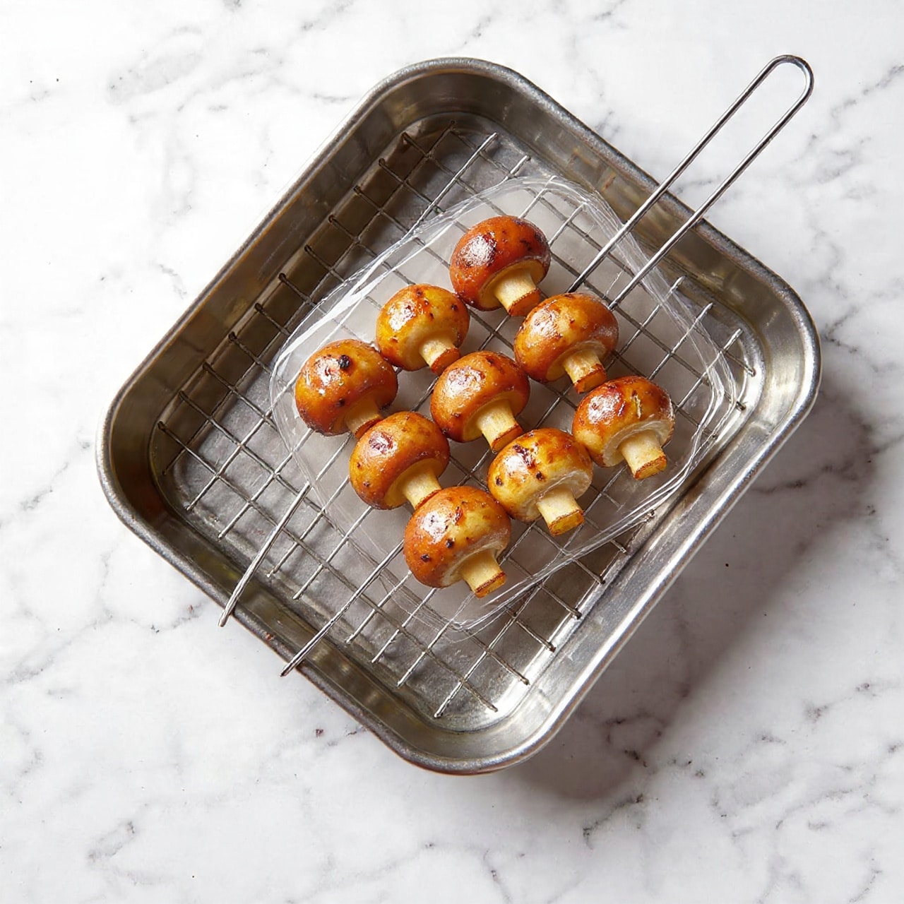The image shows a silver metal tray with a grid rack on top. On the rack, there is a clear vacuum-sealed plastic bag holding small red potatoes covered in herbs and spices, including green leaves and some red pepper flakes. The potatoes look shiny and well-coated with seasoning. Next to the bag, four metal skewers with looped ends are laid out diagonally on the tray. The background is a white marbled texture. photo taken with an iphone --ar 4:5 --v 7