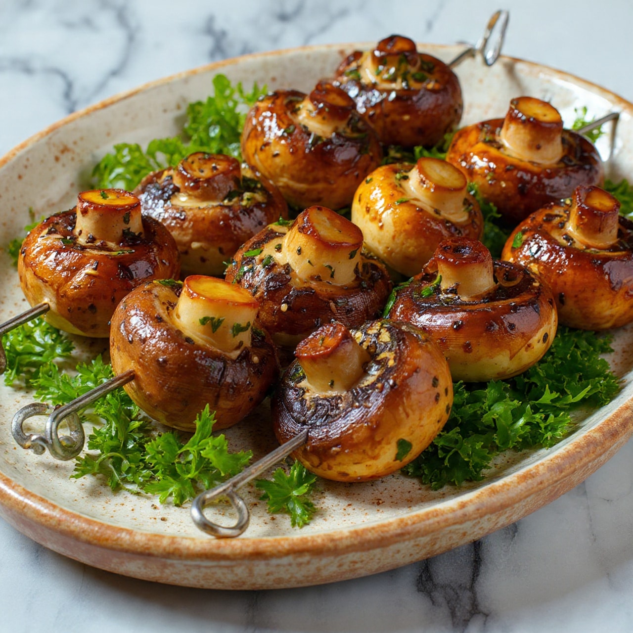 The image shows four metal skewers arranged horizontally on a rectangular wire rack, which sits on a silver baking tray. Each skewer holds three to four whole cooked mushrooms, which are deep brown in color with a shiny, slightly oily surface and sprinkled with small green herb bits. The mushrooms have a textured, grilled appearance with visible seasoning. The baking tray beneath shows some baked-on spots and light orange stains. The scene is set on a white marbled surface. Photo taken with an iphone --ar 4:5 --v 7