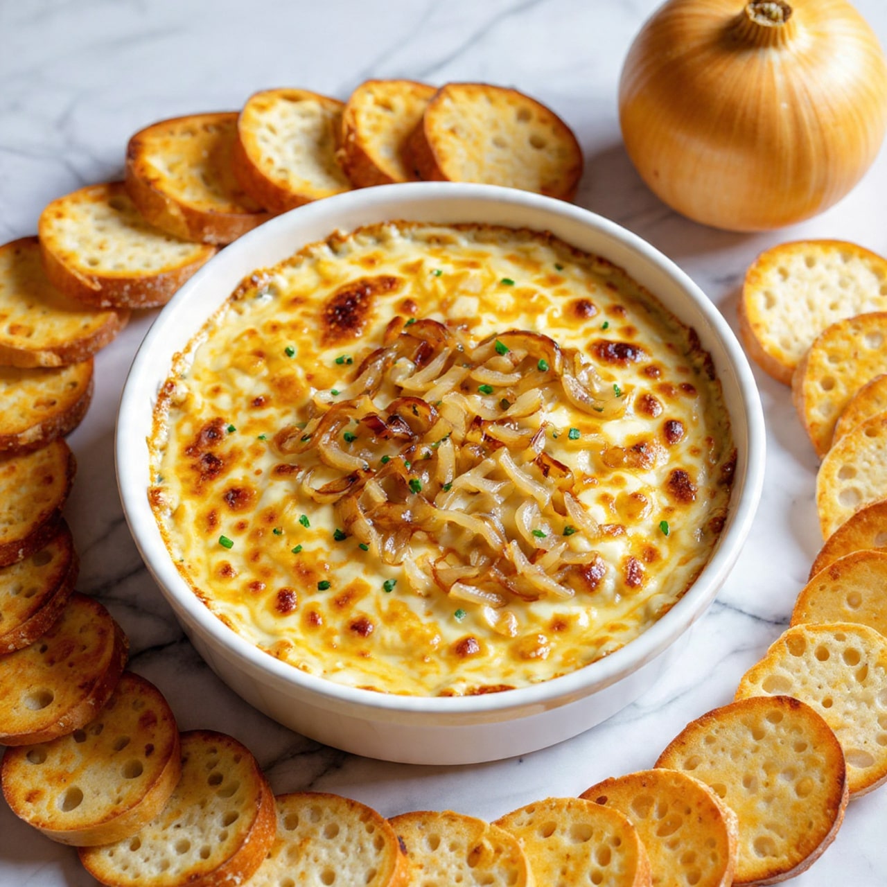 A white round dish filled with a baked cheesy onion dip showing a golden-brown melted cheese layer on top with browned caramelized onions scattered across the surface and small pieces of green chopped spring onions sprinkled evenly. The cheesy layer has a bubbly texture with slightly crispy edges around the dish. Surrounding the dish is a circle of toasted bread slices in golden brown colors on a white marbled surface with a whole yellow onion placed in the top right corner. Photo taken with an iphone --ar 4:5 --v 7