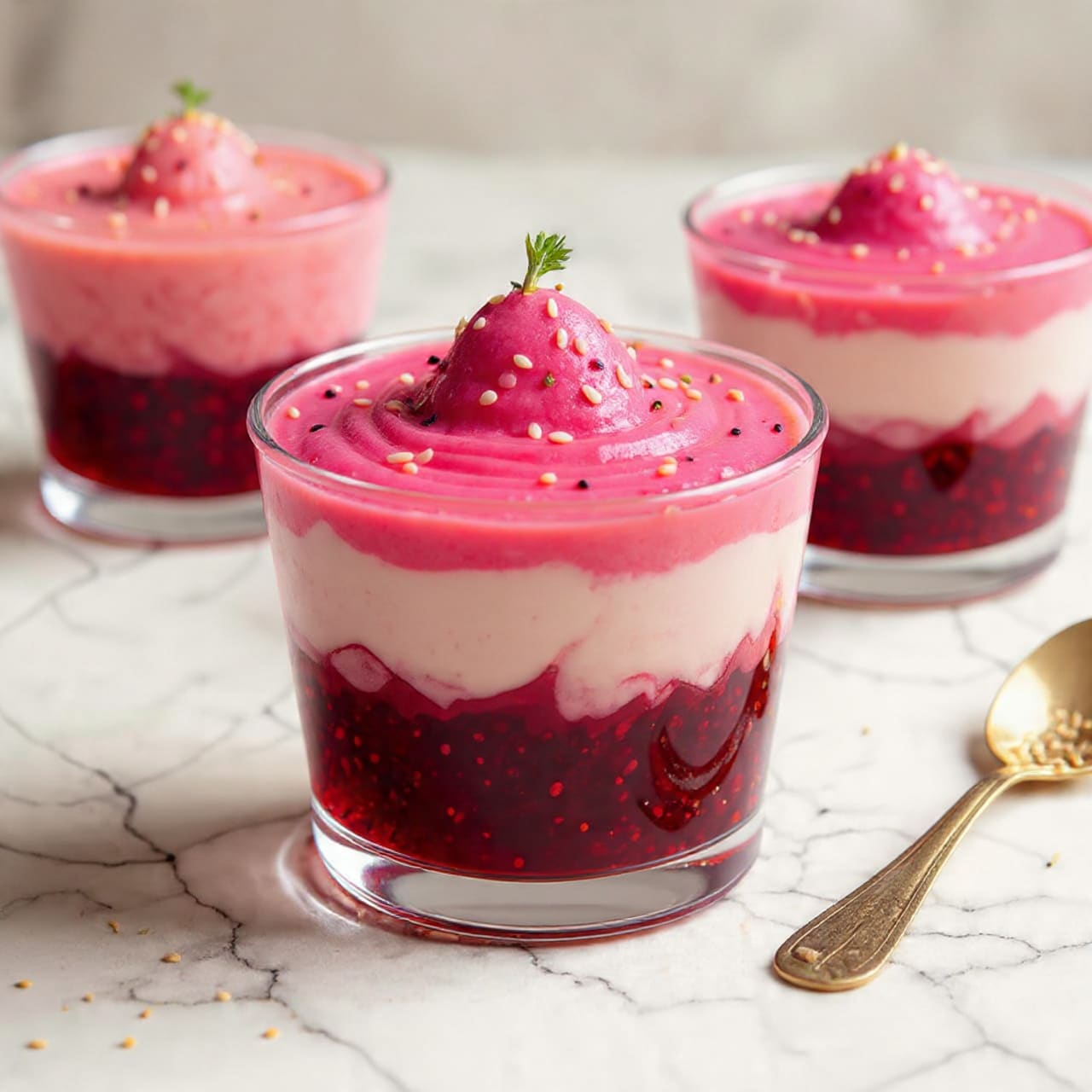 The image shows a clear glass filled with three visible layers of a creamy dish. The bottom layer is a dark magenta, smooth and thick. The middle layer is a light pink, whipped and fluffy in texture. On top, there is a rough swirl of bright magenta cream sprinkled with white sesame seeds and chopped green herbs, with a small green herb stem standing upright as garnish. The glass sits on a surface with a white marbled texture, with some scattered seeds and herbs around, and a blurred second glass in the background. Photo taken with an iphone --ar 4:5 --v 7