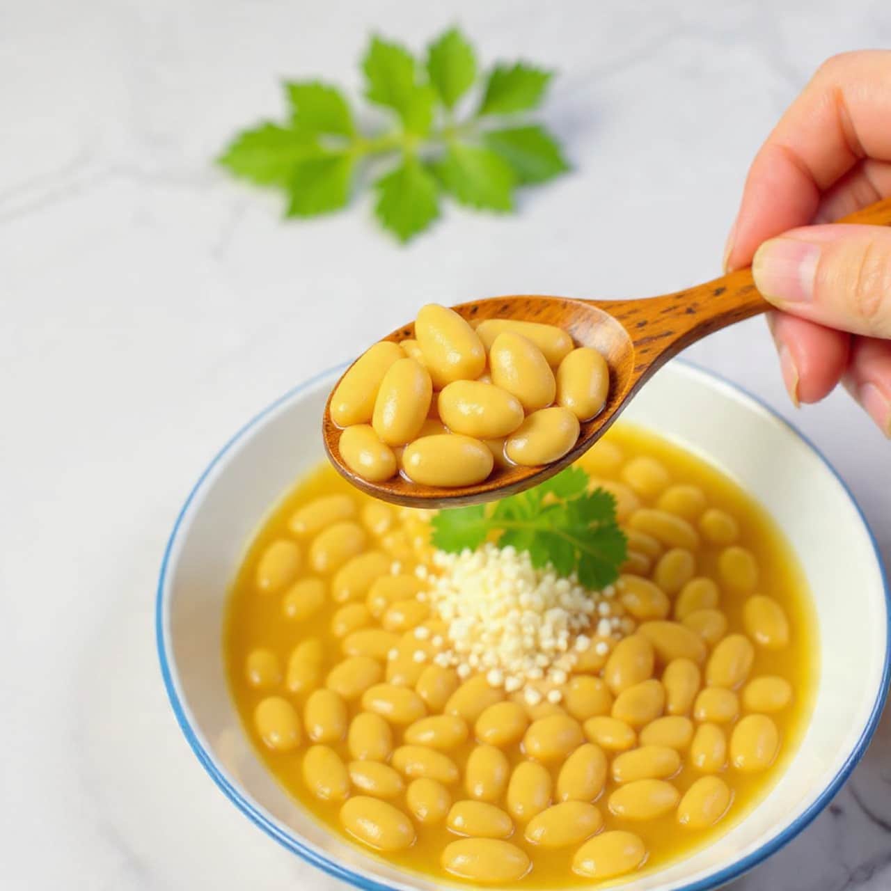A close-up view of a wooden spoon filled with beige cooked beans in light broth, held by a woman's hand above a white plate filled with the same beans and broth; some white crumbled cheese is sprinkled on the beans, and a green herb leaf is visible blurred in the background, all set on a white marbled surface. photo taken with an iphone --ar 4:5 --v 7