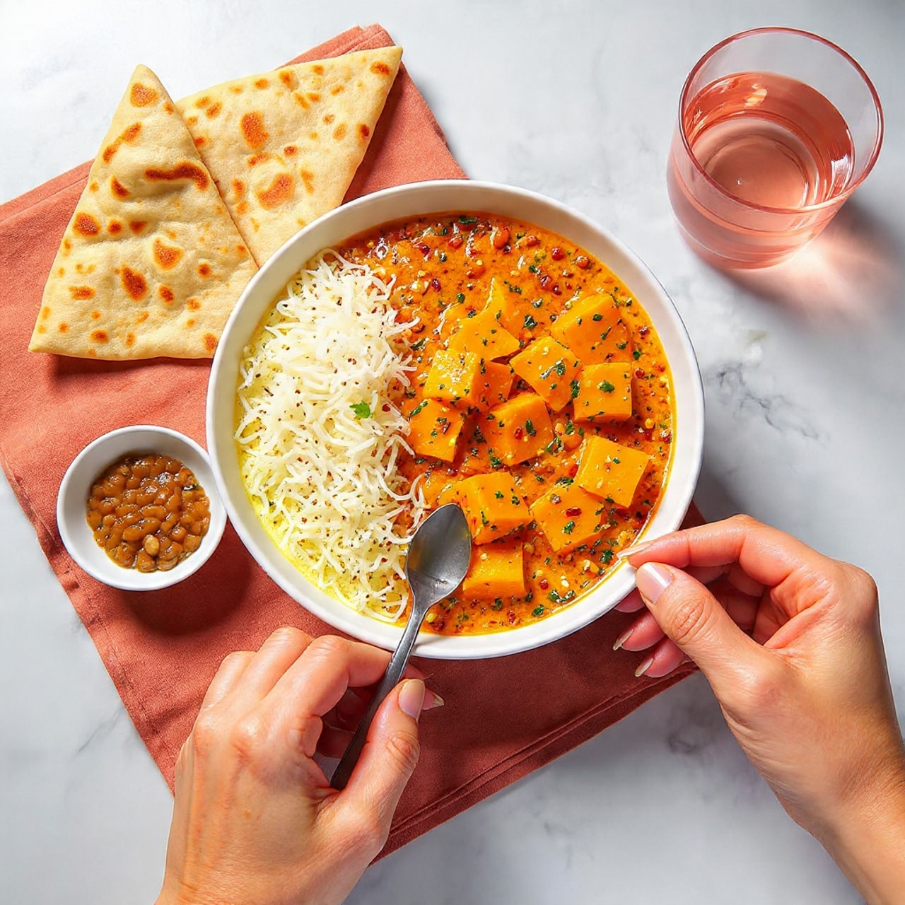 The image shows a white bowl filled with a stew of orange and brown cooked vegetables, topped with fresh green cilantro leaves. The stew is thick with visible chunks of sweet potatoes or pumpkin. On one side of the bowl, two pieces of flatbread are placed, slightly folded and resting against the stew. A woman’s hand is holding a spoon inside the bowl, partially submerged in the stew. Nearby, there is a small white bowl with a brown nut or seed sauce placed on a soft salmon-colored cloth. A clear pink glass with water is beside the bowl, all set on a white marbled surface. Photo taken with an iphone --ar 4:5 --v 7