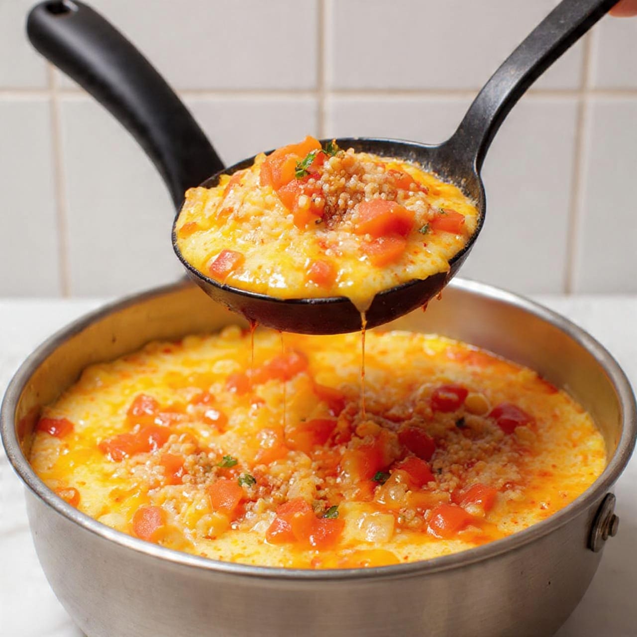 A white plate with a thin blue edge holds a creamy soup filled with layers of yellow potato chunks, small bright yellow corn kernels, and pieces of browned ground meat. The soup liquid is light orange and smooth with little specks of spices. Small green herb bits sprinkle over the top, adding a fresh touch. The plate sits on a white marbled surface with a soft, blurred gray cloth and a golden spoon in the background. Photo taken with an iphone --ar 4:5 --v 7