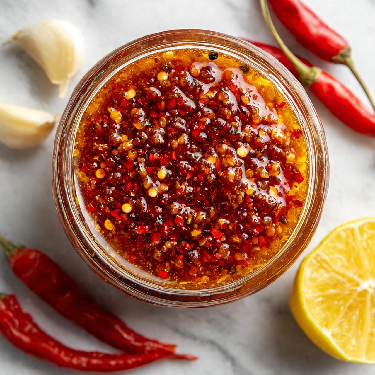 A clear glass bowl filled with a thick chili sauce showing different layers of red and yellow chili flakes, black pepper, and oil creating a shiny, textured surface. The sauce is a mix of golden brown and orange with visible red chili pieces and seeds scattered throughout. Around the bowl are whole red chili peppers, garlic cloves, and a yellow lemon half, all placed on a white marbled surface. The image is close-up and bright, focusing on the glossy, oily chili sauce inside the bowl. photo taken with an iphone --ar 4:5 --v 7