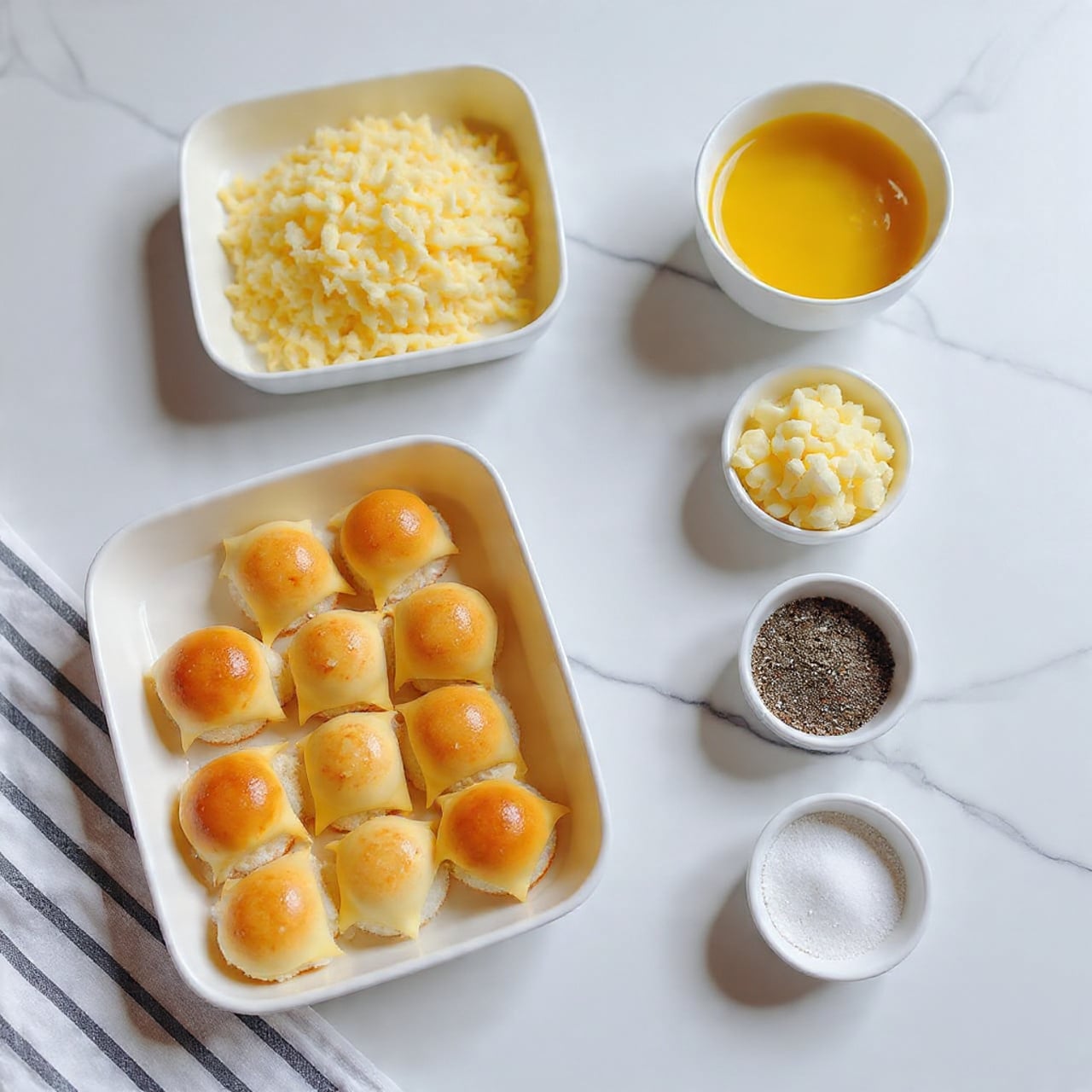 The image shows seven baked soft dinner rolls arranged neatly in a white rectangular dish at the bottom left. Above it, a white rectangular dish filled with shredded pale yellow cheese sits. To the right, there are five small white round bowls arranged vertically: the top bowl contains clear golden yellow oil, followed by a bowl with roughly chopped pale yellow butter. Below, there is a bowl filled with shredded white cheese, then two smaller bowls with black pepper and white salt, respectively. All these items are placed on a white marbled surface with soft light coming from the top left creating gentle shadows photo taken with an iphone --ar 4:5 --v 7