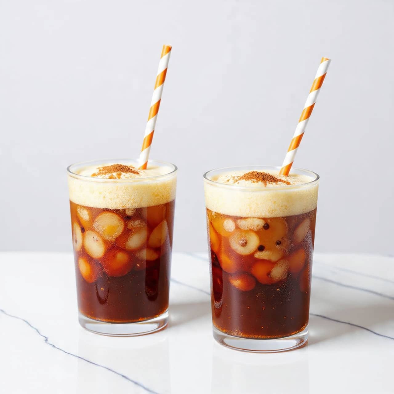 Two tall clear glasses are filled with dark brown iced coffee as the bottom layer. Above the coffee is a thick layer of light tan creamy foam, topped with a sprinkle of fine brown powder. Each glass has a white and orange striped paper straw placed in the foam. The glasses are on a white marbled surface with a bright white background. photo taken with an iphone --ar 4:5 --v 7