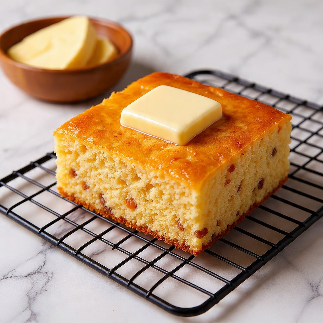 The image shows two thick slices of a light-colored, textured bread stacked on a white marbled surface. The bread has a rough and grainy texture with darker seed-like bits spread throughout. The top slice has a golden-brown crust with melted orange cheese on top, and a square pat of pale yellow butter resting on it. In the background, a black skillet holds the remaining bread with a golden-orange cheese layer visible. The overall setting is clean, with soft natural light highlighting the textures and colors. Photo taken with an iphone --ar 4:5 --v 7