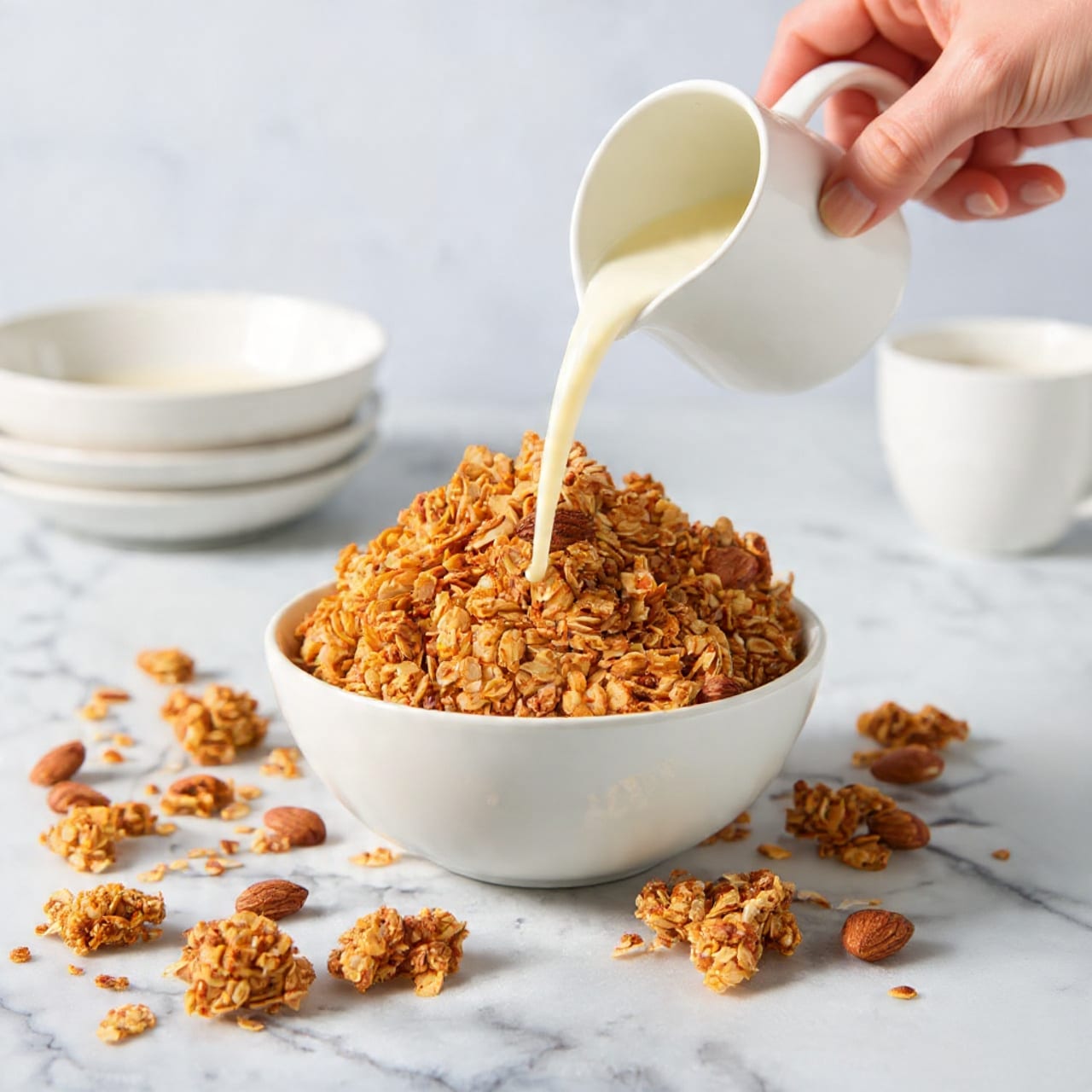 A white cup filled with black coffee sits on a white plate, accompanied by a small metal spoon placed along the plate’s edge. Next to the cup, a white ramekin is filled to the top with chunky granola that shows pieces of nuts and coconut flakes in various brown shades. The plate rests on a light blue checkered cloth, all set against a white marbled textured surface. Photo taken with an iphone --ar 4:5 --v 7