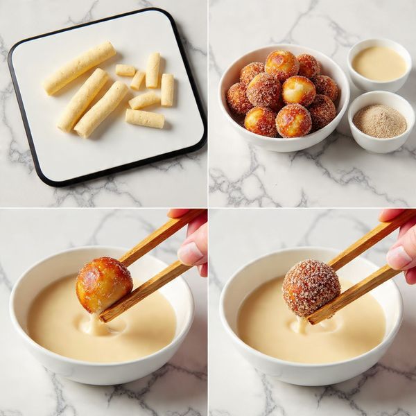The image shows four parts of the cooking process for small, round fried dough balls. In the first part, shaped dough sticks rest on a white cutting board with a black edge, one stick is sliced into small pieces, light tan in color and soft texture. In the second part, a white bowl holds golden brown, fluffy fried dough balls next to two small white bowls with a light yellow liquid and cinnamon sugar mix. The third part shows a wooden tong holding one fried ball being dipped into the light yellow liquid in a white bowl. The last part has the wooden tong holding a fried ball being coated in the cinnamon sugar mix in another white bowl. The background is a white marbled surface. photo taken with an iphone --ar 4:5 --v 7