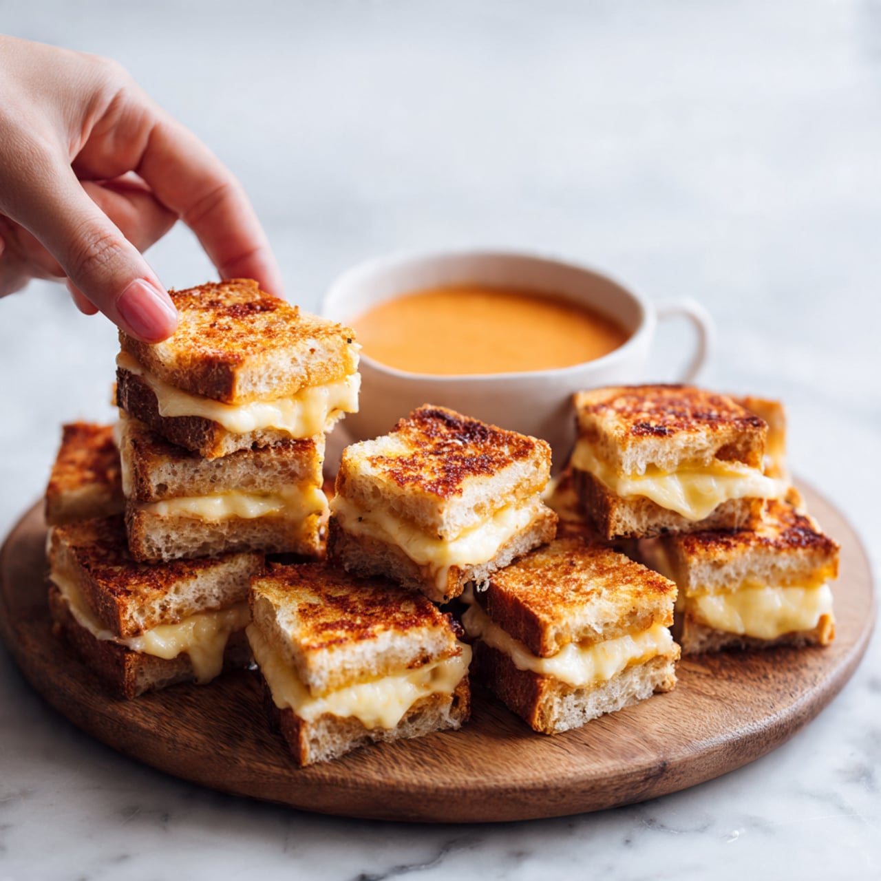 The image shows a round wooden board with many small toasted sandwich squares stacked and scattered on it. Each sandwich piece has a golden brown crispy outside layer with melted cheese peeking from the sides, showing a soft yellow middle layer. In the background, there is a white cup filled with a smooth orange sauce, positioned slightly above the sandwiches. The whole setup is placed on a white marbled surface, giving a clean and bright look. A woman's hand is reaching towards one of the sandwich squares. photo taken with an iphone --ar 4:5 --v 7