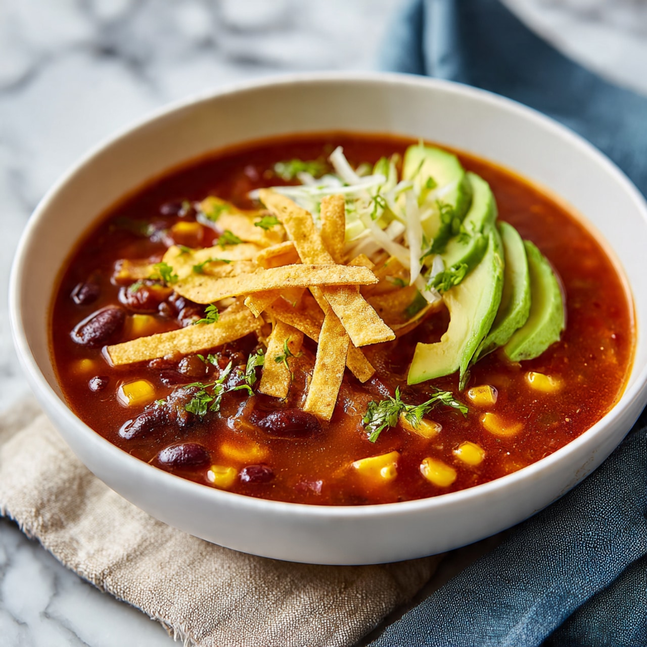 The image shows a white bowl filled with a rich red soup as the base layer, with dark beans and small yellow corn pieces visible within the liquid. On top, there are light golden strips of crispy tortilla, a few white and green sliced vegetables, and a fan of fresh green avocado slices placed on one side. The bowl is set on a white marbled surface with a beige cloth partially underneath and a blue cloth nearby. photo taken with an iphone --ar 4:5 --v 7