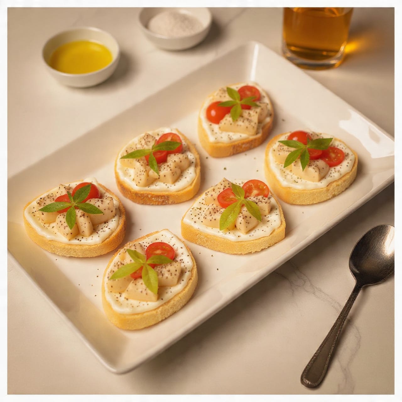 Several slices of toasted bread are arranged on a white rectangular tray placed on a white marbled surface. Each toast slice has three main layers: a base of light golden-brown crispy bread, topped with shredded light beige meat, and finished with bright red halved grape tomatoes and pale green artichoke hearts, sprinkled with finely chopped green herbs. Around the tray, there are small bowls containing yellow olive oil and coarse salt, with a silver spoon resting nearby. The overall scene looks fresh and colorful with light reflections highlighting the textures. photo taken with an iphone --ar 4:5 --v 7