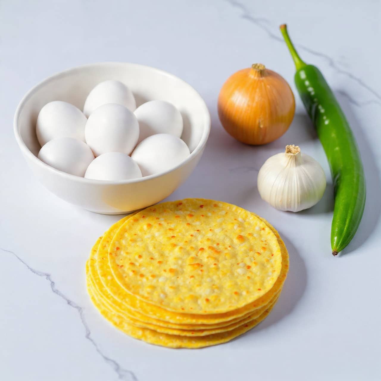There is a white bowl filled with eight white eggs, placed on a white marbled surface. Next to the bowl, there is a whole yellow onion and a bulb of garlic. Below, three round yellow corn tortillas overlap in a fan shape. On top of the tortillas, there are two chili peppers—one long and dark green and the other smaller and bright green. The colors are natural and fresh, with a simple and clean arrangement. photo taken with an iphone --ar 4:5 --v 7