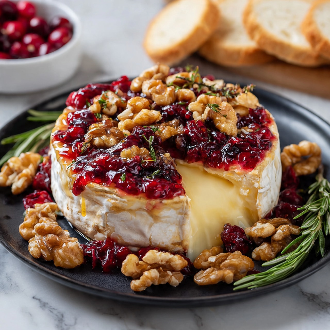 A round creamy cheese wheel sits in the center of a dark plate set on a white marbled surface. The cheese has a soft white rind and a smooth, pale yellow inside that is slightly melting, visible from a wedge removed at the front. On top of the cheese, there is a layer of shiny red cranberry sauce mixed with whole cranberries, adding a glossy texture. Scattered generously over the sauce are large, rough-textured walnuts in a light brown color. Around the cheese on the plate are sprigs of green rosemary and more walnuts. In the background, some light-colored slices of bread and a small bowl of cranberries can be seen, but the focus is on the layered cheese. Photo taken with an iphone --ar 4:5 --v 7