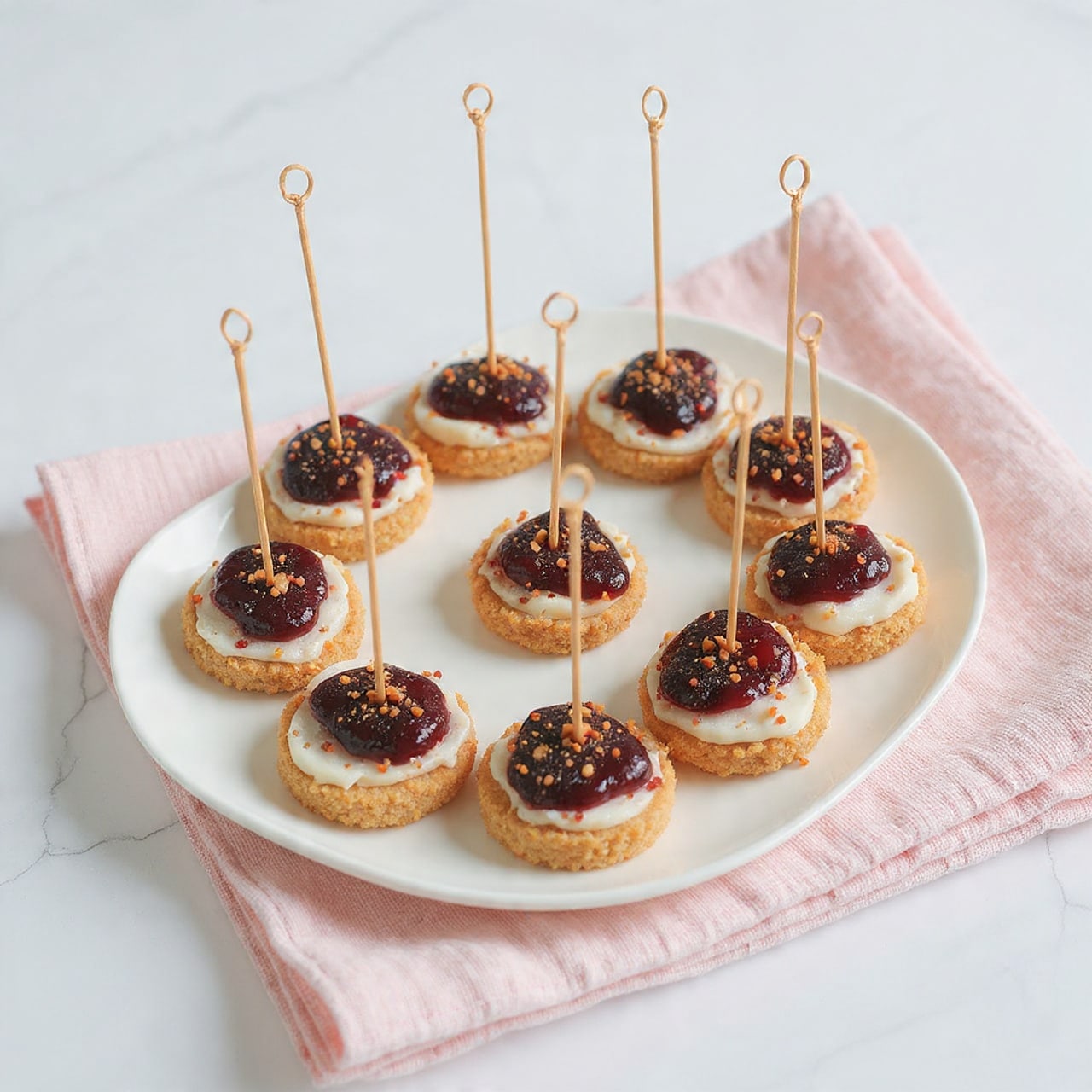 The image shows eight small round snacks on a white plate. Each snack has three layers: a dark red grape core in the center, covered by a soft white cheese layer, and then coated with crushed light brown nuts, giving a rough texture. Each snack is pierced with a tall thin stick with a loop or knot at the top, making them easy to pick up. The plate rests on a folded light pink cloth, and the background surface is white marble. Photo taken with an iphone --ar 4:5 --v 7
