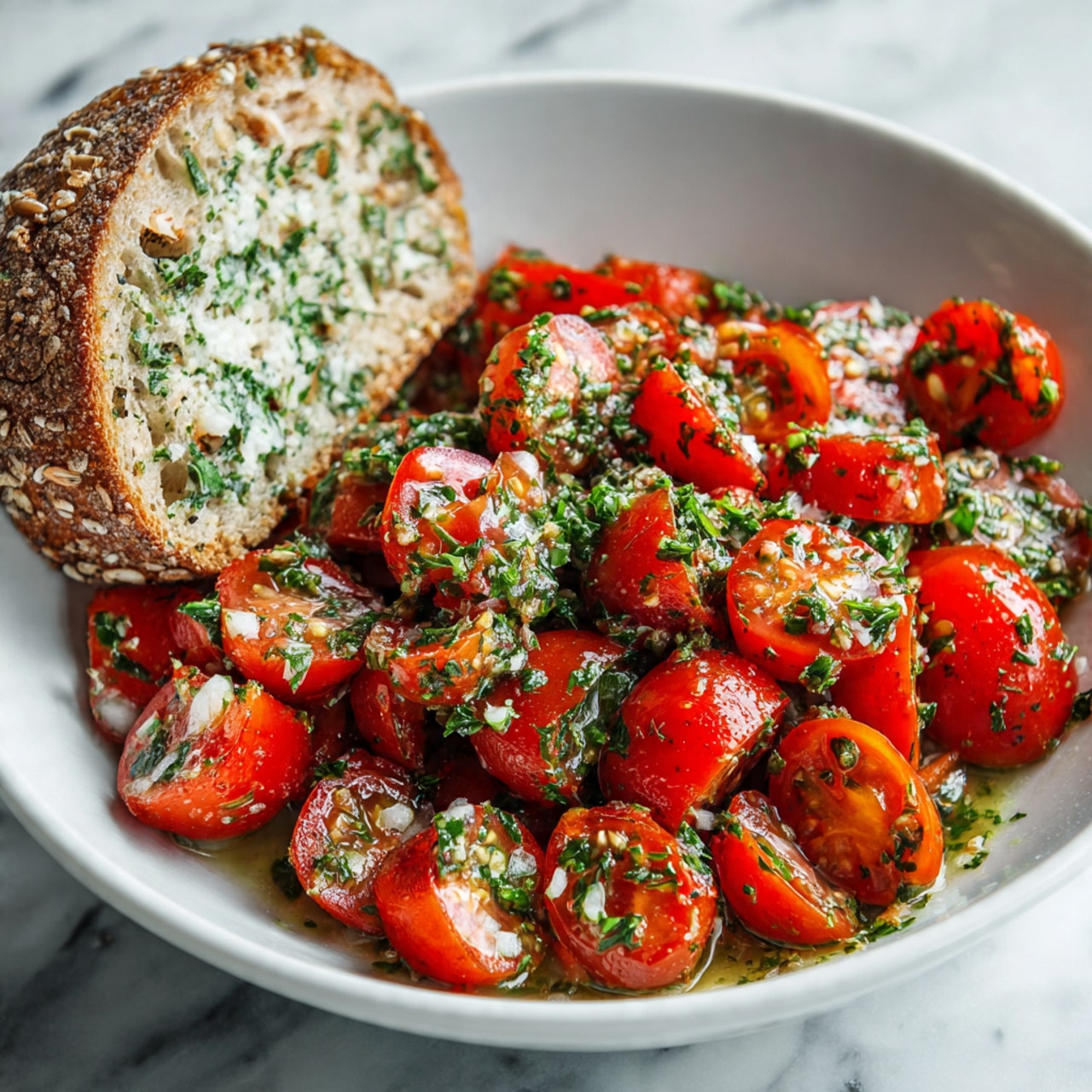 A white bowl filled with bright red cherry tomatoes cut in half, mixed with green herbs and a light dressing that gives a shiny look to the tomatoes. On the edge of the bowl, there is a round piece of multigrain bread covering part of the salad. The background is a white marbled texture. The colors focus on the red tomatoes, green herbs, and the natural brown of the bread. Photo taken with an iphone --ar 4:5 --v 7
