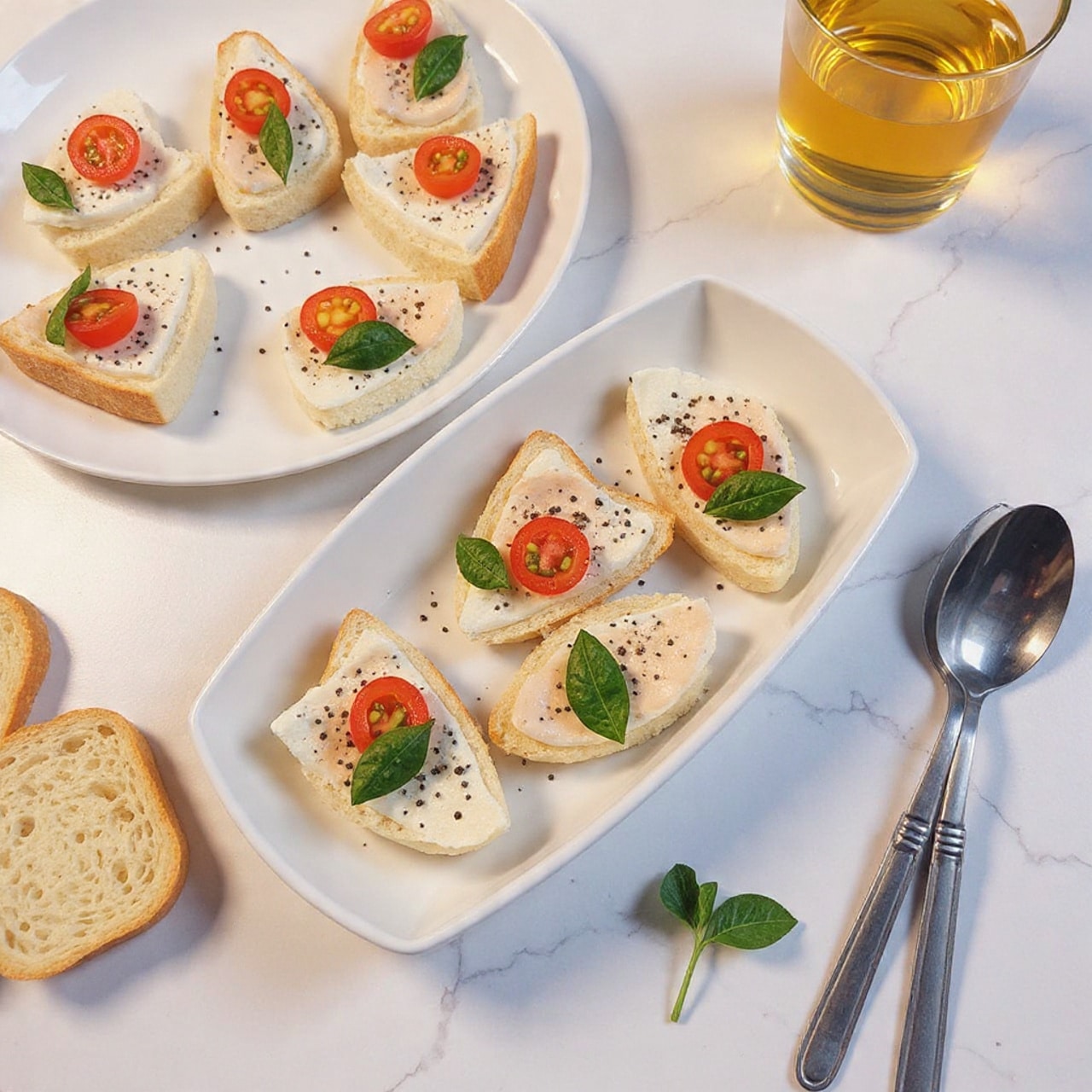 A white oval dish sitting on a white marbled surface holds several small toasted white bread slices topped with layers of creamy white spread, small chunks of white cooked chicken, halved bright red cherry tomatoes, light green pieces of pepper, and fresh green basil leaves. Some black pepper is sprinkled over the top. On the side of the dish are two plain toasted bread slices, and a silver spoon with a piece of the topped bread is resting on the edge. In the background, more small slices of bread with similar toppings are visible. The lighting is warm, highlighting the colors and freshness of the ingredients, and a glass with golden liquid is partly visible in the background. photo taken with an iphone --ar 4:5 --v 7