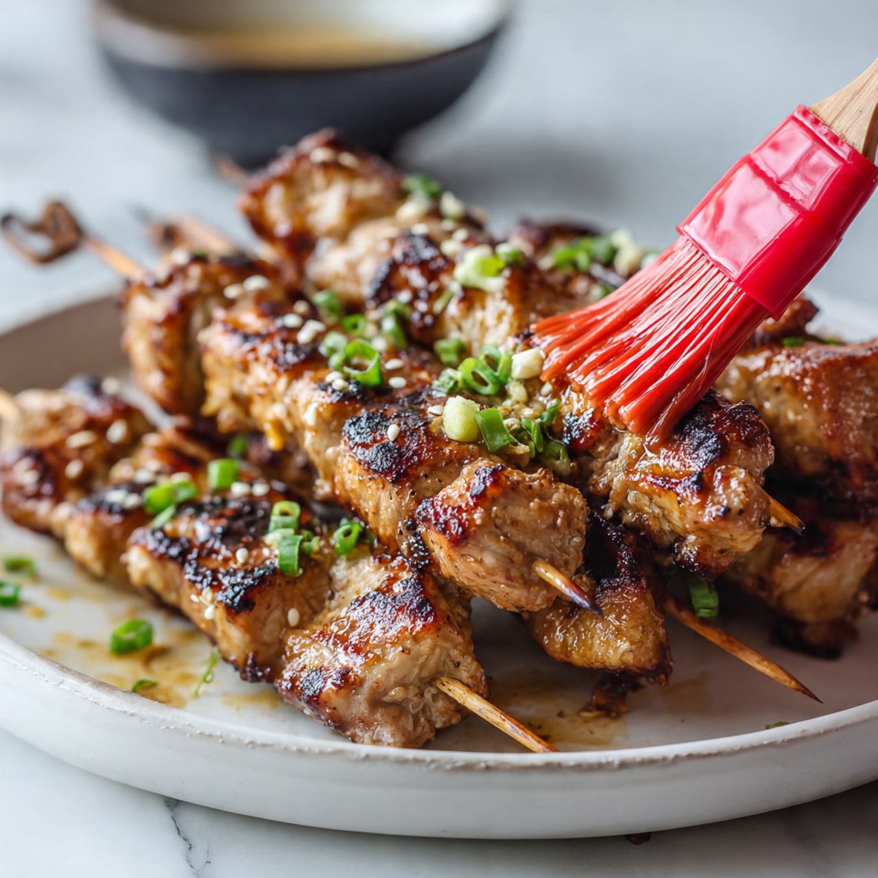 The image shows several grilled skewers of light brown meat with slight char marks stacked closely on a round white plate. The skewers have a glossy coating being brushed by a woman's hand using a red silicone brush. Small pieces of light green scallions and white sesame seeds are sprinkled on top of the meat. In the blurred background, there is a black bowl with light-colored sauce on a white marbled surface. The focus is on the front skewers and brush, showing the texture of the grilled meat and the sauce being applied photo taken with an iphone --ar 4:5 --v 7