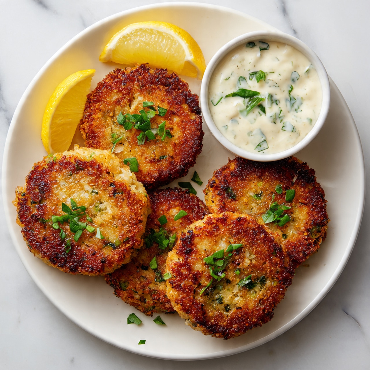 The image shows four golden-brown crab cakes placed closely together on a white plate, each topped with thin, even stripes of creamy white sauce drizzled across the top. The crab cakes have a lightly crispy texture on the outside with small bits of green herbs sprinkled on them and around the plate. The plate is set on a white marbled surface, creating a clean and bright background, and a smooth light-colored sauce pools around the base of the crab cakes, adding a silky layer beneath them. Photo taken with an iphone --ar 4:5 --v 7