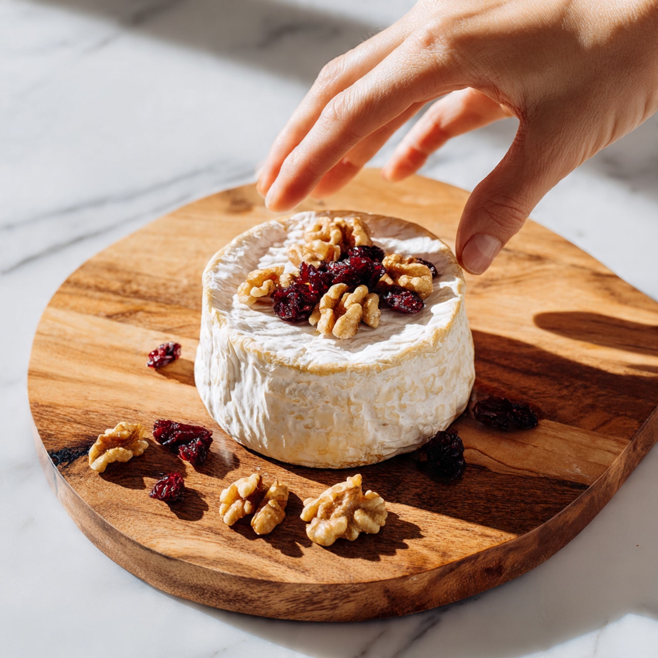 A wooden board sits on a white marbled surface, holding a round wheel of soft cheese with a wrinkled white rind in the center. A woman's hand presses down gently on the top of the cheese. Scattered around the cheese on the board are small pieces of walnut and dollops of cranberry sauce, adding texture and color contrast to the smooth, pale cheese. The wood grain of the board is warm brown with natural knots, and the scene is brightly lit, creating a clean and simple presentation. photo taken with an iphone --ar 4:5 --v 7