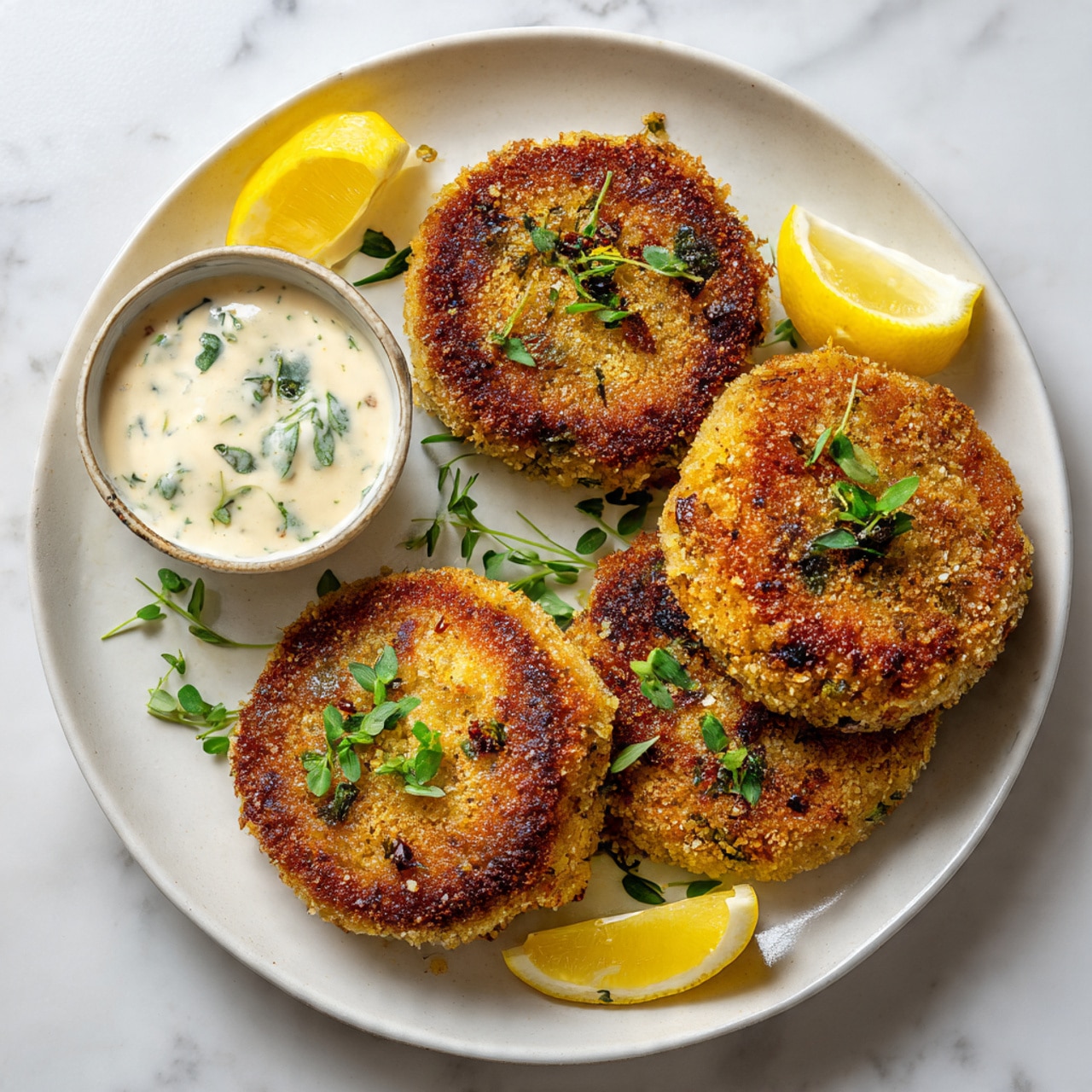 The image shows four golden-brown crab cakes with a crispy texture on a white plate. The crab cakes have small green herbs sprinkled on top, adding a touch of color. To the side of the crab cakes, there are lemon wedges with a bright yellow color. A small bowl of creamy white sauce with green herbs mixed in is also in the frame. The plate sits on a white marbled surface. photo taken with an iphone --ar 4:5 --v 7