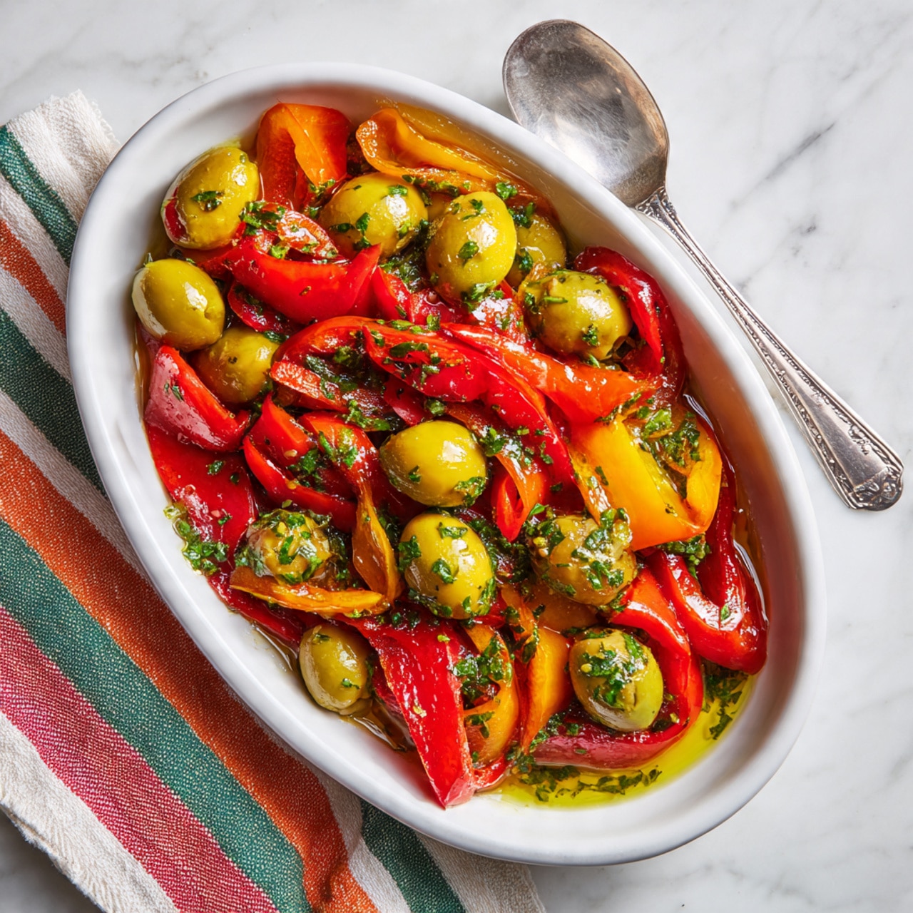 A white oval dish filled with sliced red bell peppers and whole yellow and green olives, all mixed in a green herb and oil dressing. The red peppers form the top layer with shiny skin, while the olives add round shapes in yellow and green colors underneath and around the peppers. The dish sits on a white marbled surface with a silver spoon nearby and a cloth with red, green, and orange stripes beneath the plate. photo taken with an iphone --ar 4:5 --v 7