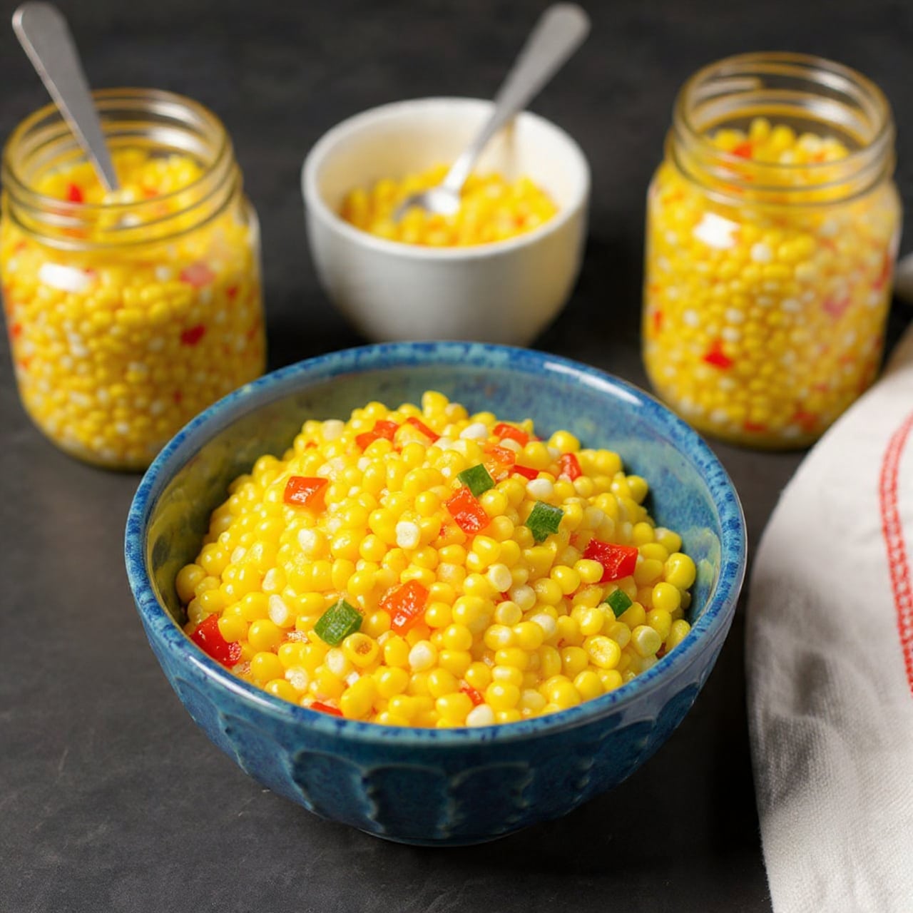 A close-up view of a bowl with a rough, blue outer surface filled with a colorful corn salad. The salad has three main layers: the bottom layer is golden yellow corn kernels, mixed with small diced red and green bell peppers, and the top layer is a glossy, slightly oily dressing that gives the salad a shiny texture. Behind the bowl, there are open white jars filled with the same corn mixture, one with a spoon inside. The whole scene is set on a dark surface with a white marbled texture partially visible, with a white and red cloth in the corner. Photo taken with an iphone --ar 4:5 --v 7
