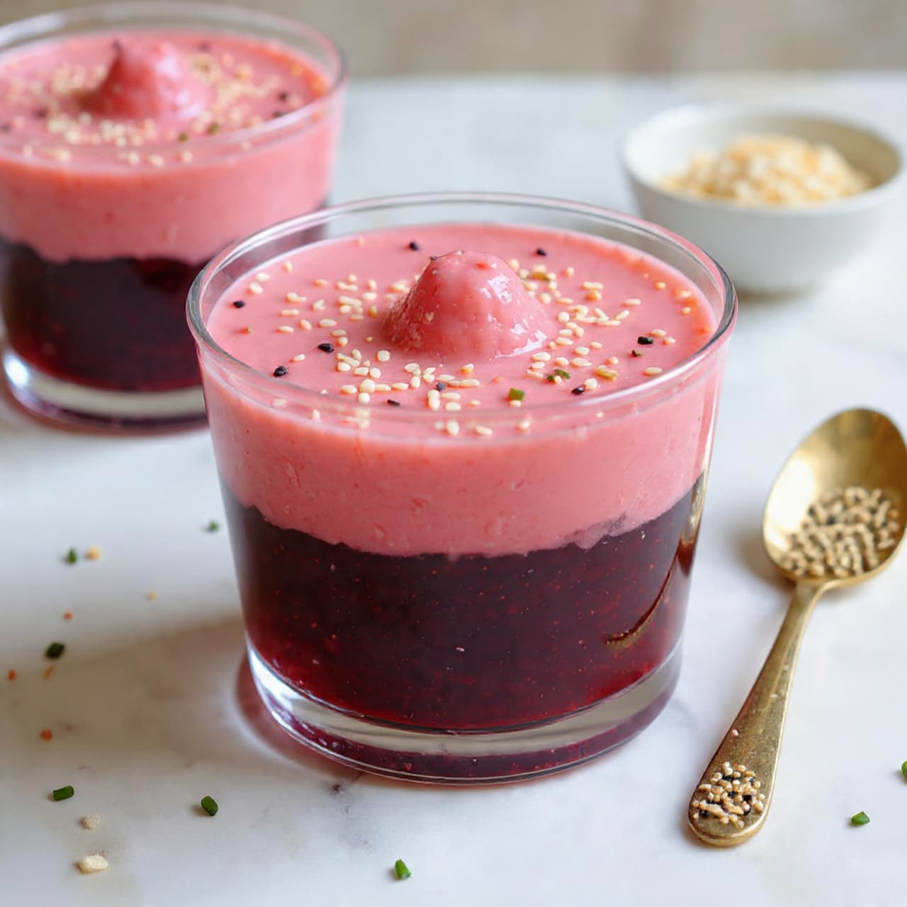 A clear glass bowl filled with three layers, the bottom layer is dark red with a jelly-like texture, the middle layer is smooth and bright purple-pink cream with small dark green pieces mixed inside, and the top layer is bright purple-pink cream shaped with soft peaks. On the top, there are small white cheese pieces, green chives, and a mix of white and black seeds sprinkled, creating a colorful, fresh look. The bowl is placed on a white marbled surface with scattered seeds and green chives around it, next to a silver spoon. In the background, a blurred similar bowl is visible. photo taken with an iphone --ar 4:5 --v 7