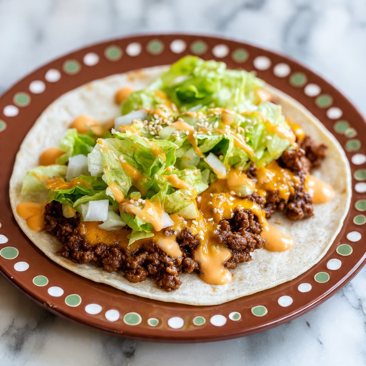 A small white tortilla sits on a brown plate with white and green dots. On the tortilla, there is a dark brown cooked ground meat layer covering most of the tortilla. On top of the meat, there is a bright orange melted cheese layer and a light orange creamy sauce drizzled in spots. Over the cheese and sauce, there are chopped light green lettuce and small diced light green pickles. Small pieces of white onion and a sprinkle of sesame seeds are scattered on top. The plate rests on a white marbled surface. Photo taken with an iphone --ar 4:5 --v 7