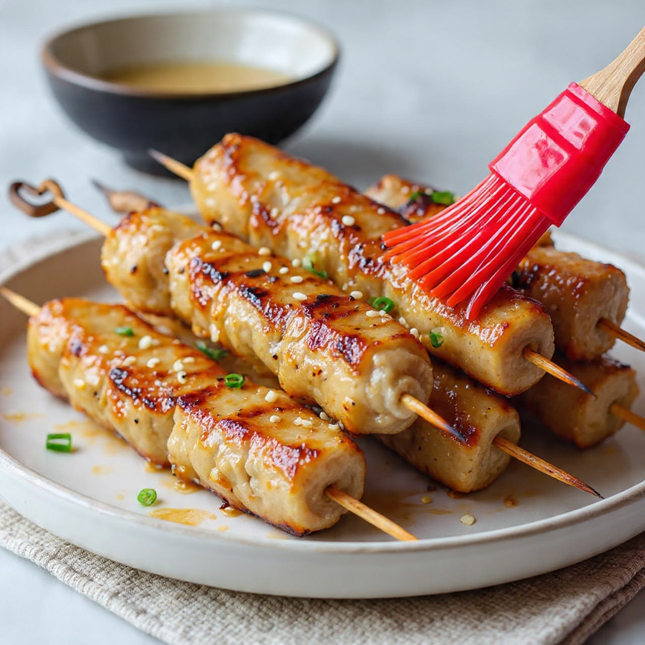 The image shows five grilled meat skewers placed in a neat row on a white plate, with the meat pieces browned and slightly charred, garnished with small bits of green onion and sprinkled sesame seeds. On the right side of the plate, there is a small white square bowl filled with a dark, glossy dipping sauce with some sesame seeds and green onion bits on top. Above the plate, a small round white bowl holds a pile of sesame seeds. A striped black and white cloth is casually placed to the upper left side of the plate, all set on a white marbled textured surface. photo taken with an iphone --ar 4:5 --v 7