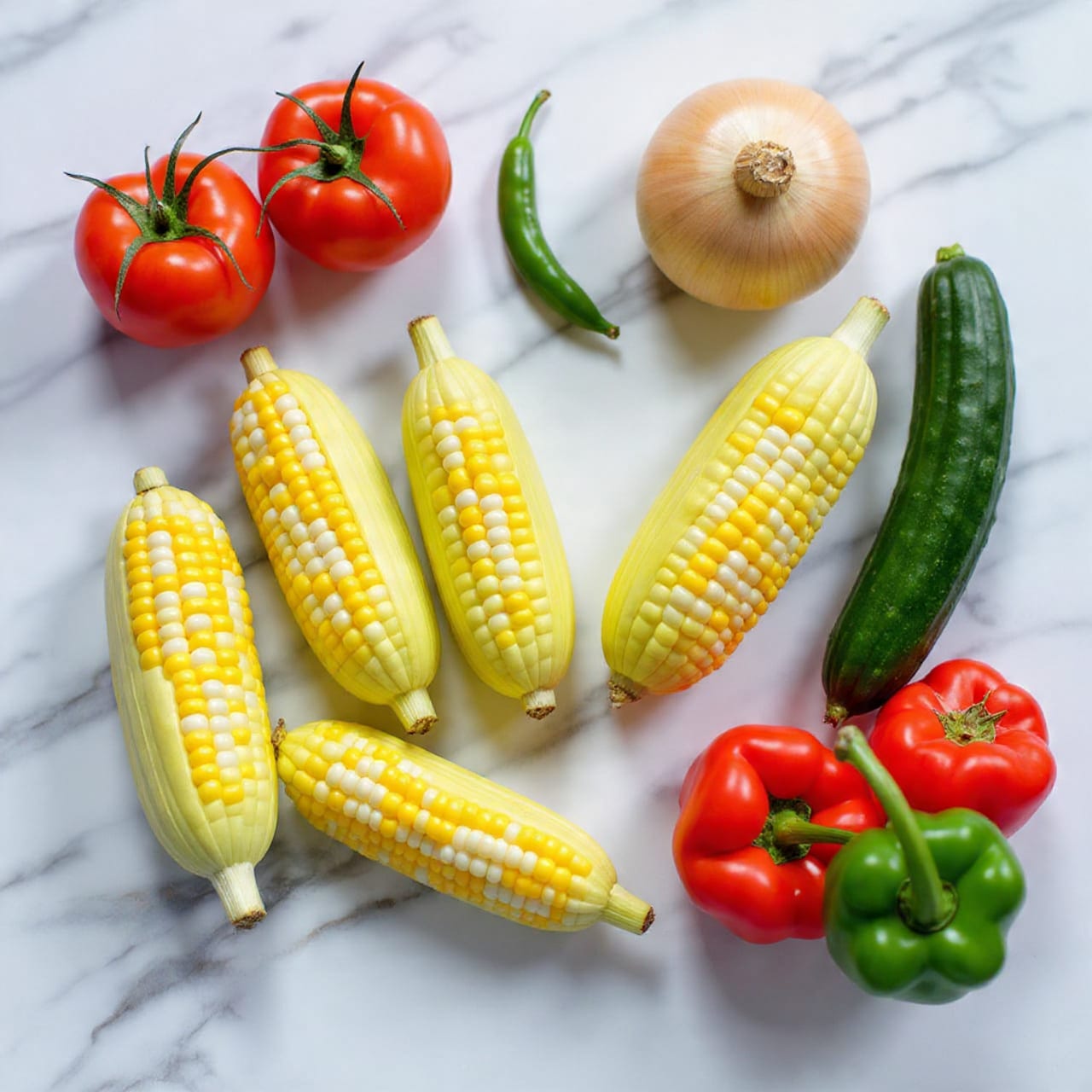The image shows a mix of fresh vegetables arranged on a white marbled texture. There are four ears of corn with light green husks partially peeled back, showing bright yellow kernels, placed in a scattered pile near the center. To the upper left, two red tomatoes and a small green chili pepper are placed close together. A round, beige onion with some papery skin is near the tomatoes. At the bottom right side, there is a long dark green cucumber standing next to a red bell pepper and a green bell pepper, both with smooth shiny skin. The colors are bright and natural, with the vegetables spaced out individually but all in one grouping. Photo taken with an iphone --ar 4:5 --v 7