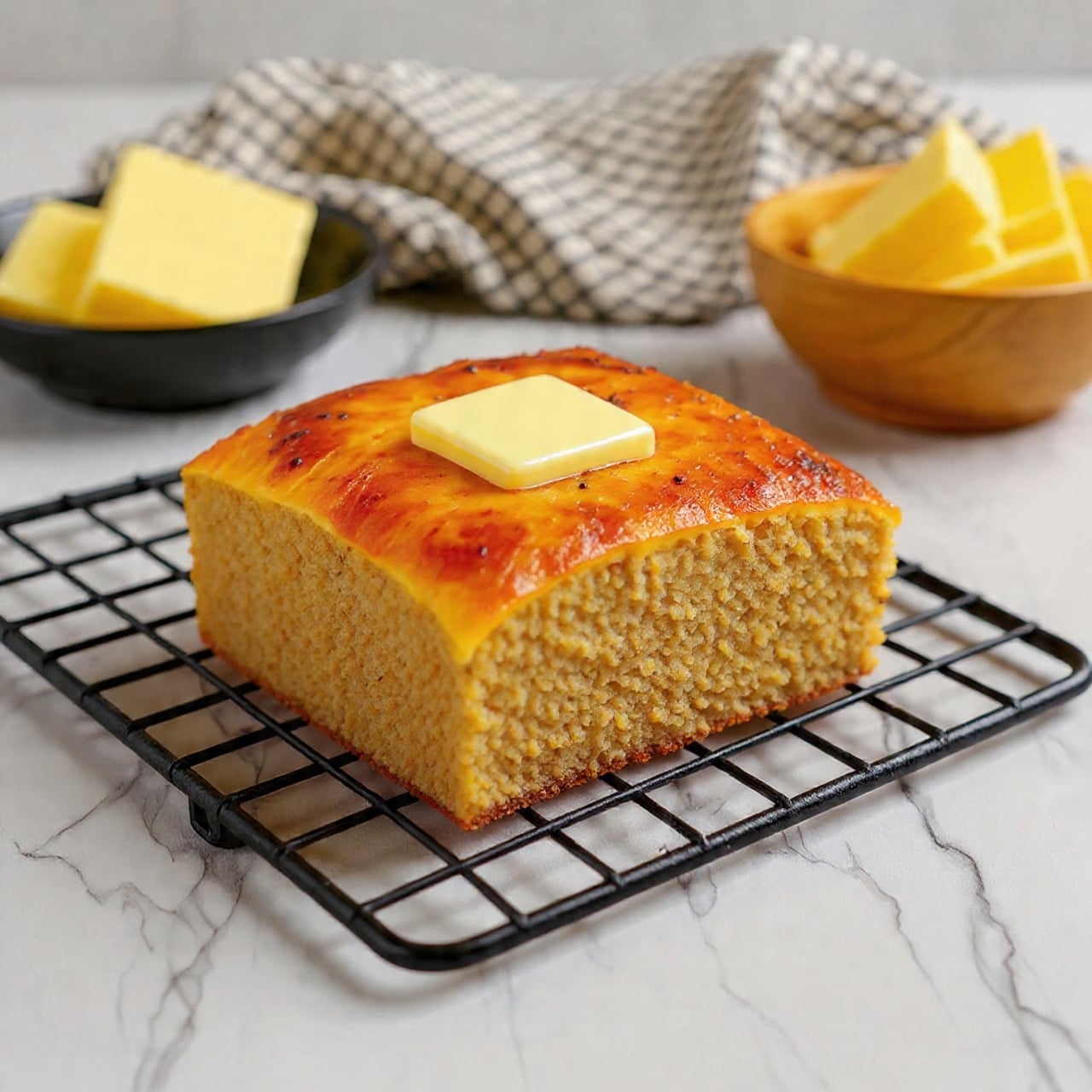 A thick, square piece of cornbread with a golden brown, slightly crispy top layer sits on a dark wire cooling rack above a white marbled surface. The cornbread is light beige inside with small brown and orange specks scattered throughout, showing a soft, crumbly texture. A smooth, square pat of pale butter rests on top, slightly melting along the edges. In the background, a small wooden bowl holds additional butter slices with a soft focus. The overall look highlights the cornbread’s dense, moist interior and warm crust. photo taken with an iphone --ar 4:5 --v 7