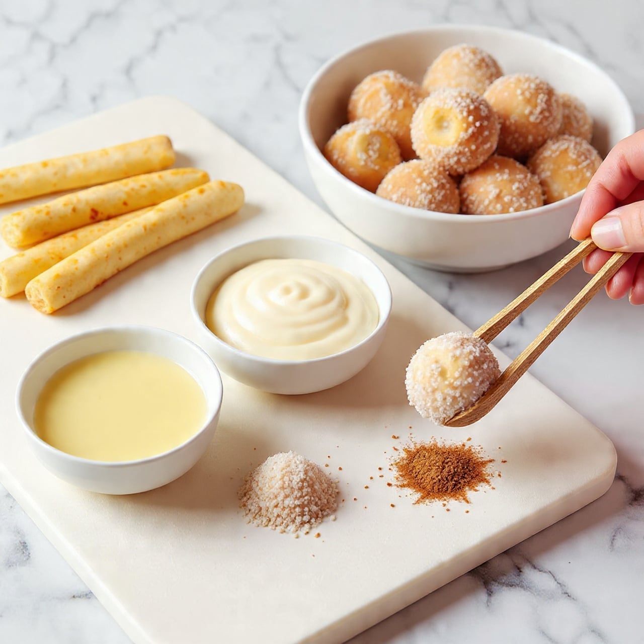 The image shows three small, round pastries covered in a light coating of sugar and cinnamon, stacked loosely in front of a white mug with a colorful rainbow and clouds design on it. The pastries have a golden-brown color with a grainy texture from the sugar coating. Behind the mug, there are more pastries slightly blurred. The setting is on a white wooden surface with visible grain and some texture, with soft lighting that casts gentle shadows. Photo taken with an iphone --ar 4:5 --v 7
